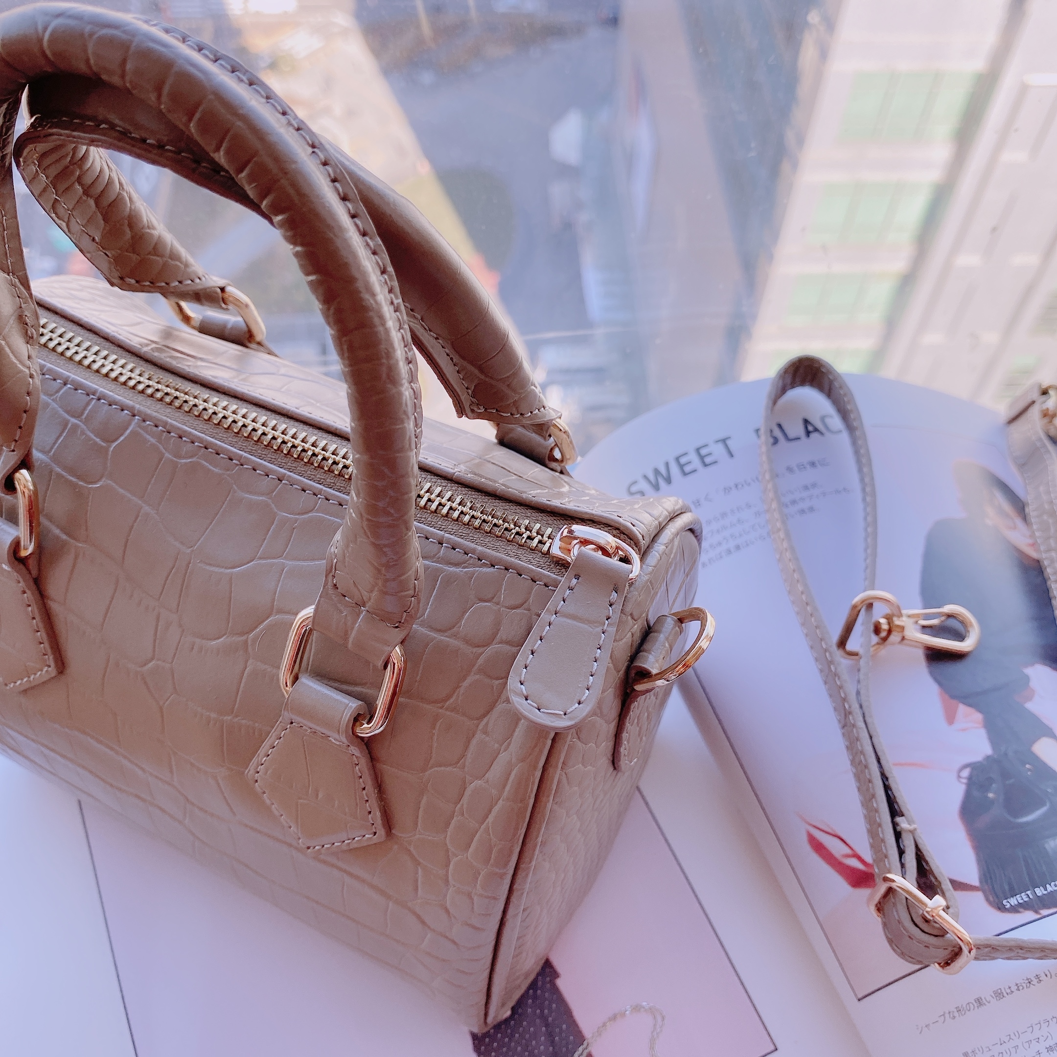 高質感2way伯爵奶茶拉鍊波士頓真皮包