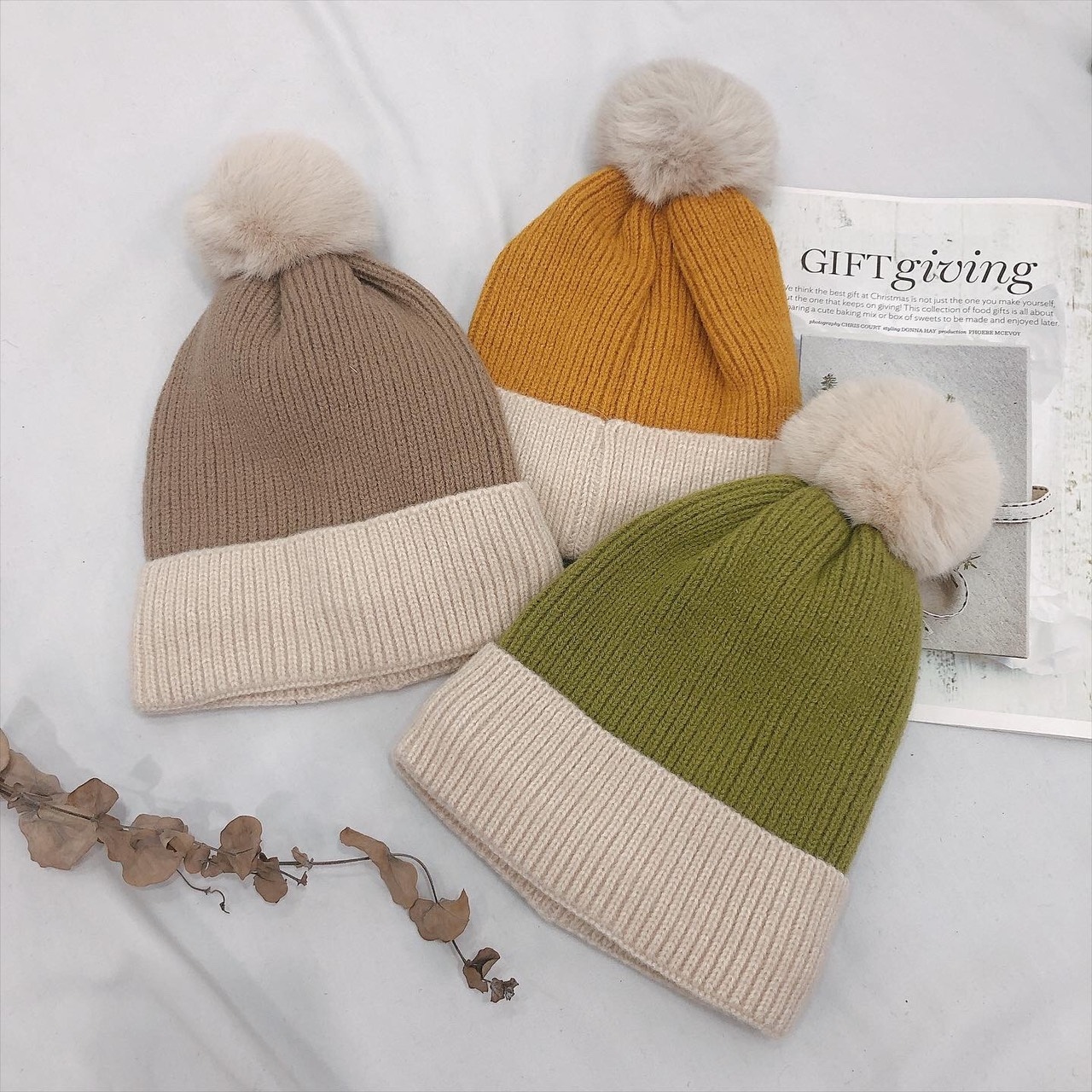 雙色鋪棉毛球毛帽/三色