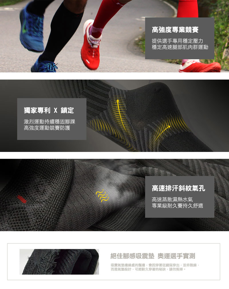 高強度專業運動提供醫療級穩定壓力,高速穩定腿部肌肉,高速排汗斜紋氣孔高速蒸發溼熱水氣專業級耐久賽持久舒適,一體成型抗敏感,絕佳腳感吸震墊,奧運選手實測！