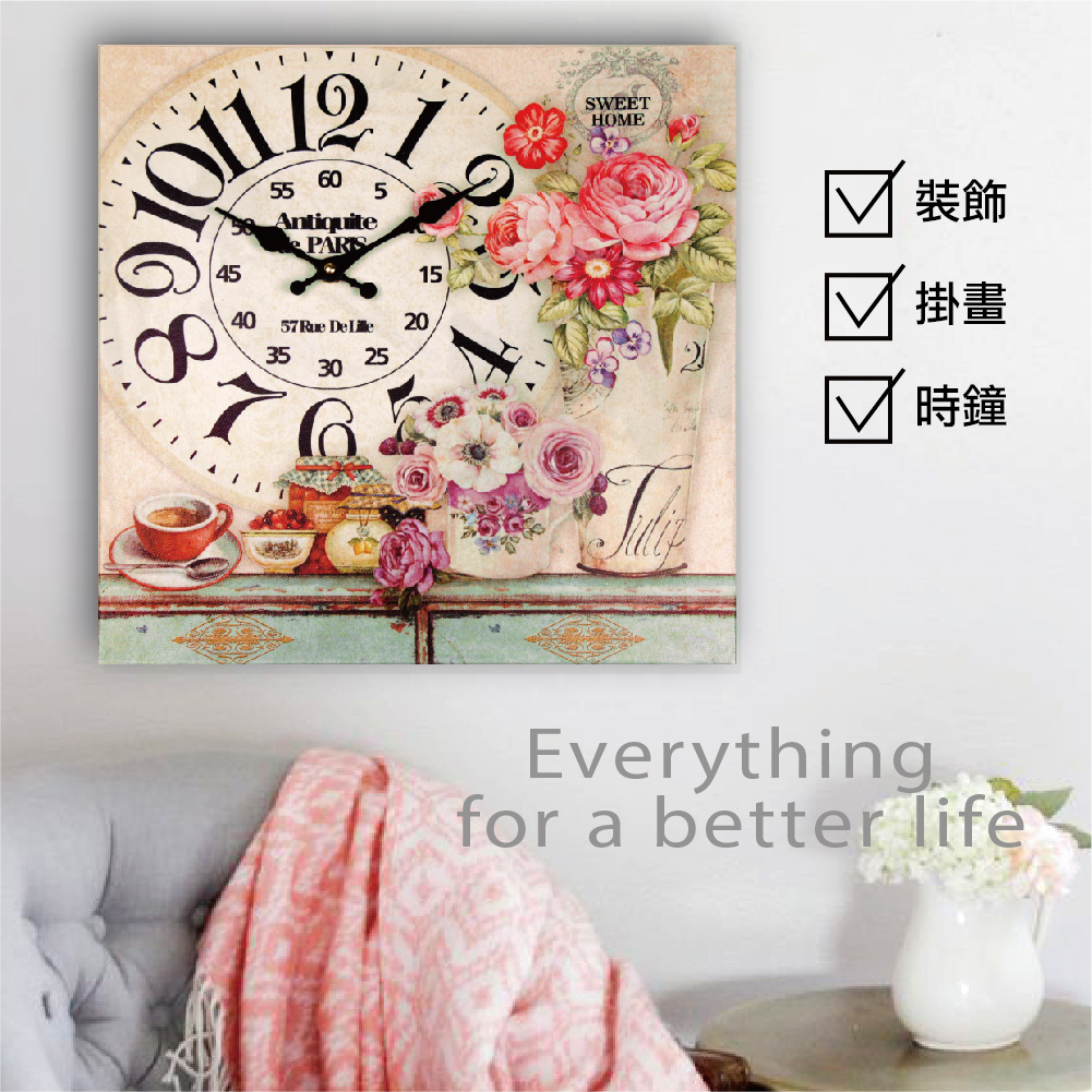 無框畫時鐘-午茶玫瑰-方形時鐘CW330