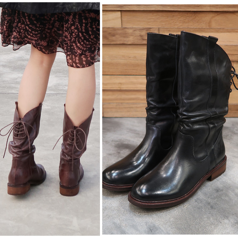 【第一樂章】後Ｖ口真皮牛皮雙色擦色皺折綁帶中靴