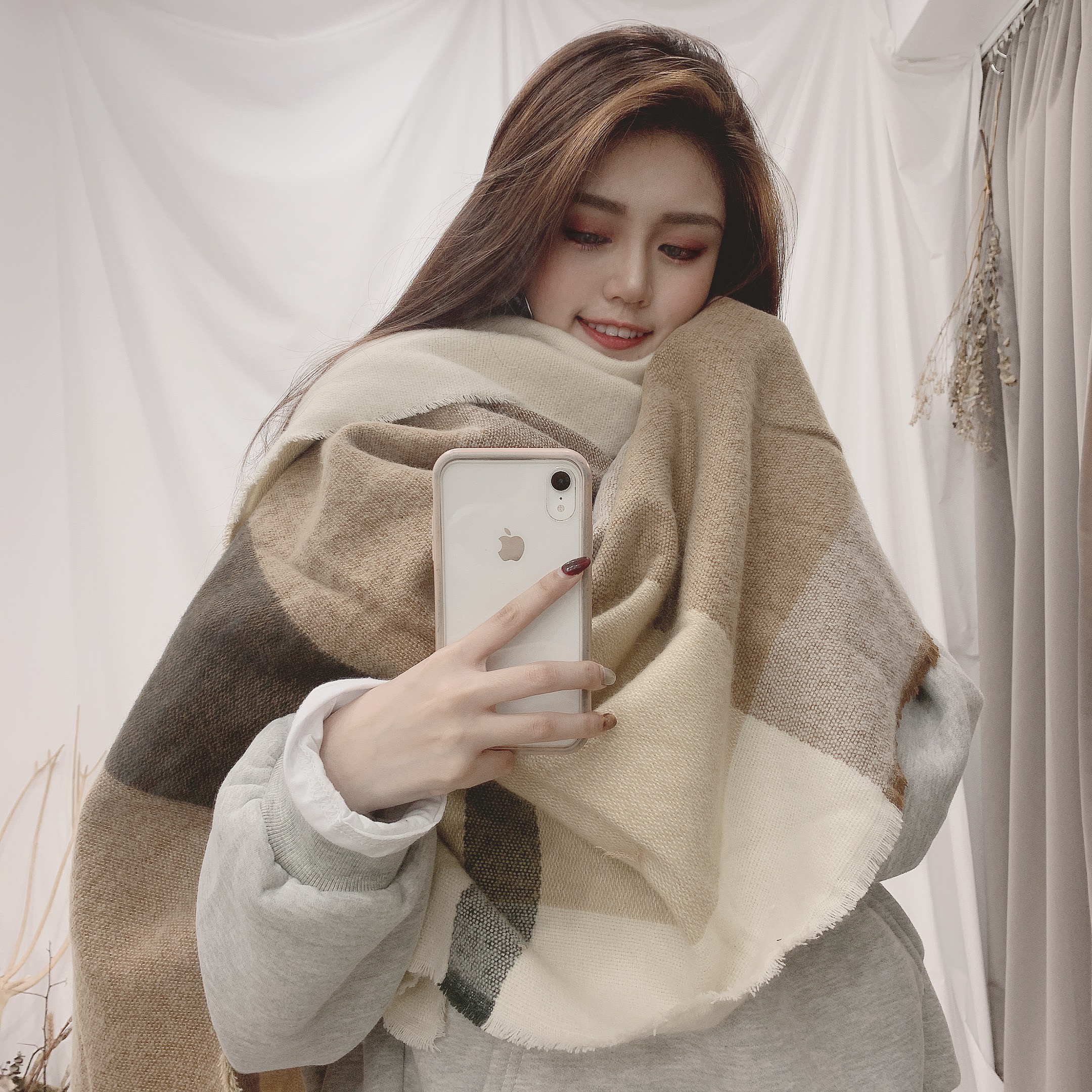 大格拼接針織圍巾/單一色