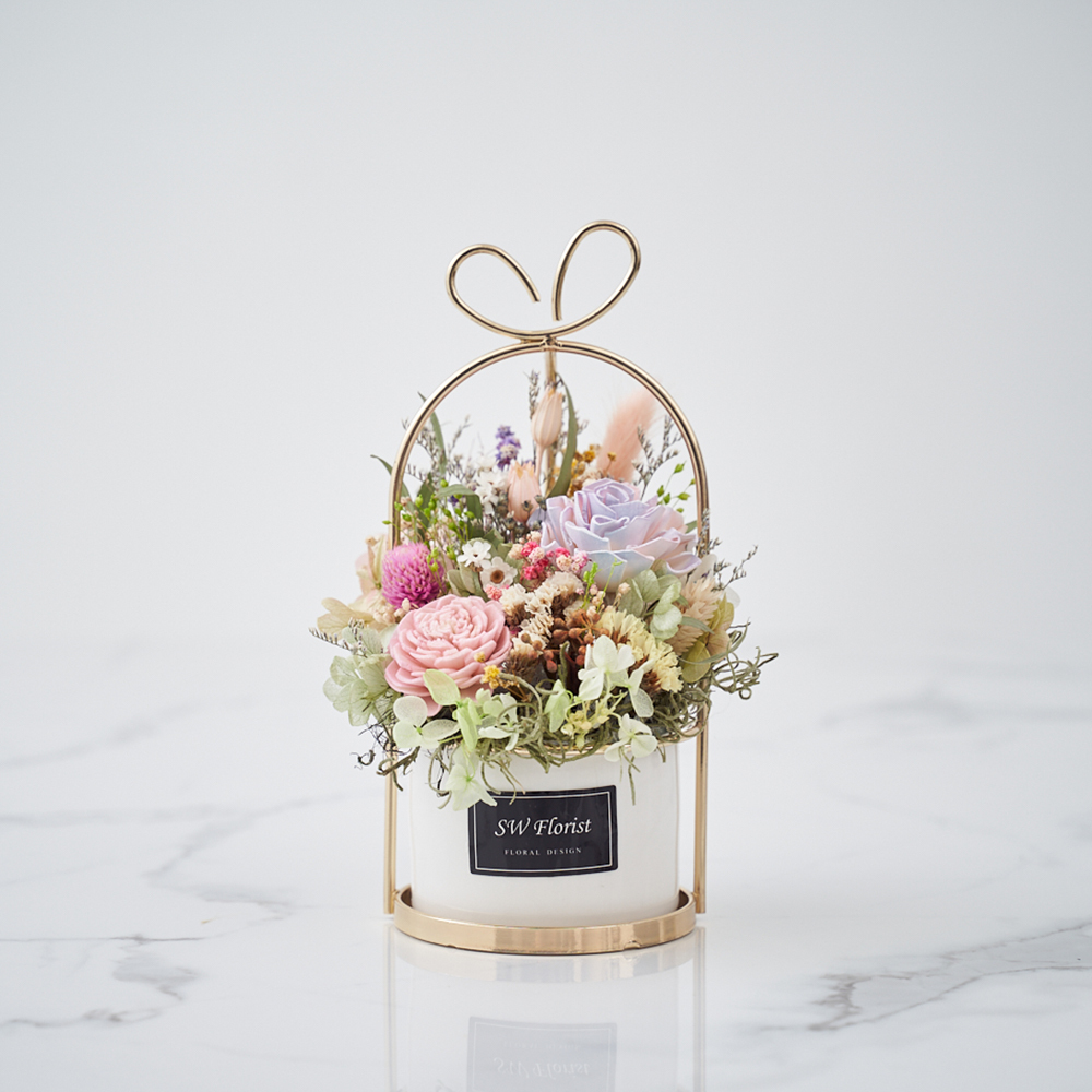 ｜乾燥花桌花 桌花設計 不凋花 法式庭院風 造型盆栽 小型桌花02｜