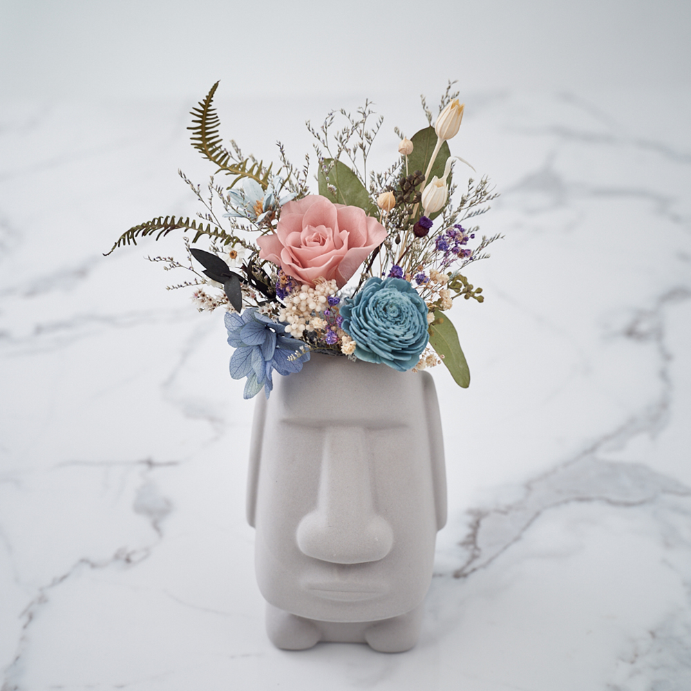 ｜乾燥花桌花 桌花設計 不凋花 莫蘭迪風格 摩艾造型(灰色) 中型桌花｜