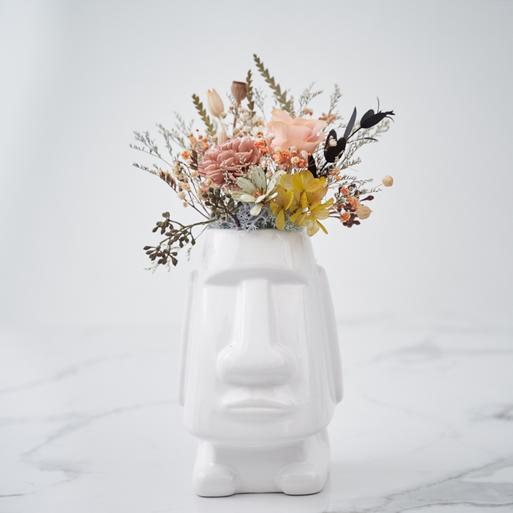 ｜乾燥花桌花 桌花設計 不凋花 裸粉田園風 摩艾造型(白色) 中型桌花｜