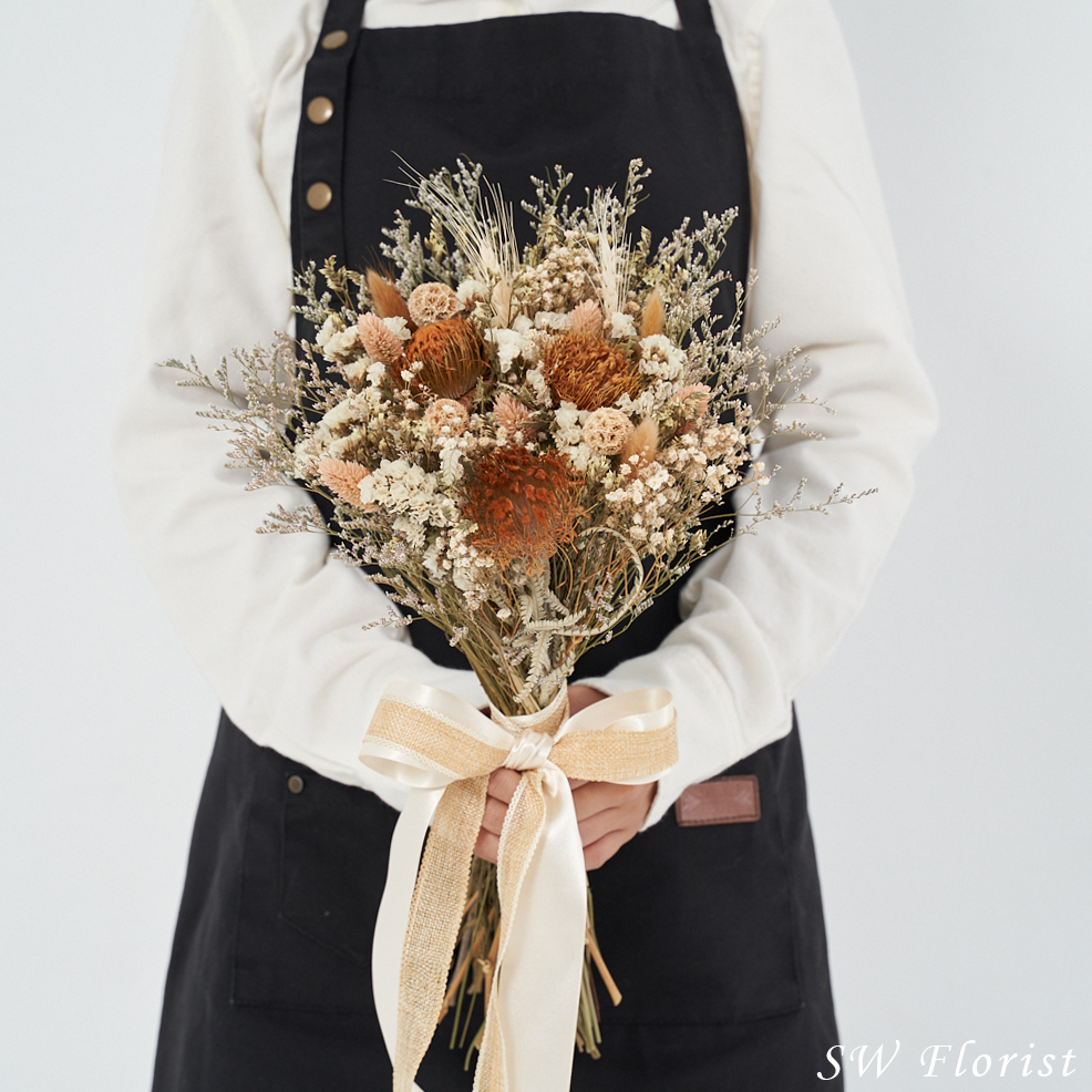 ｜新娘捧花 婚紗捧花 乾燥花 秋風橘色系 美式風格｜放射形