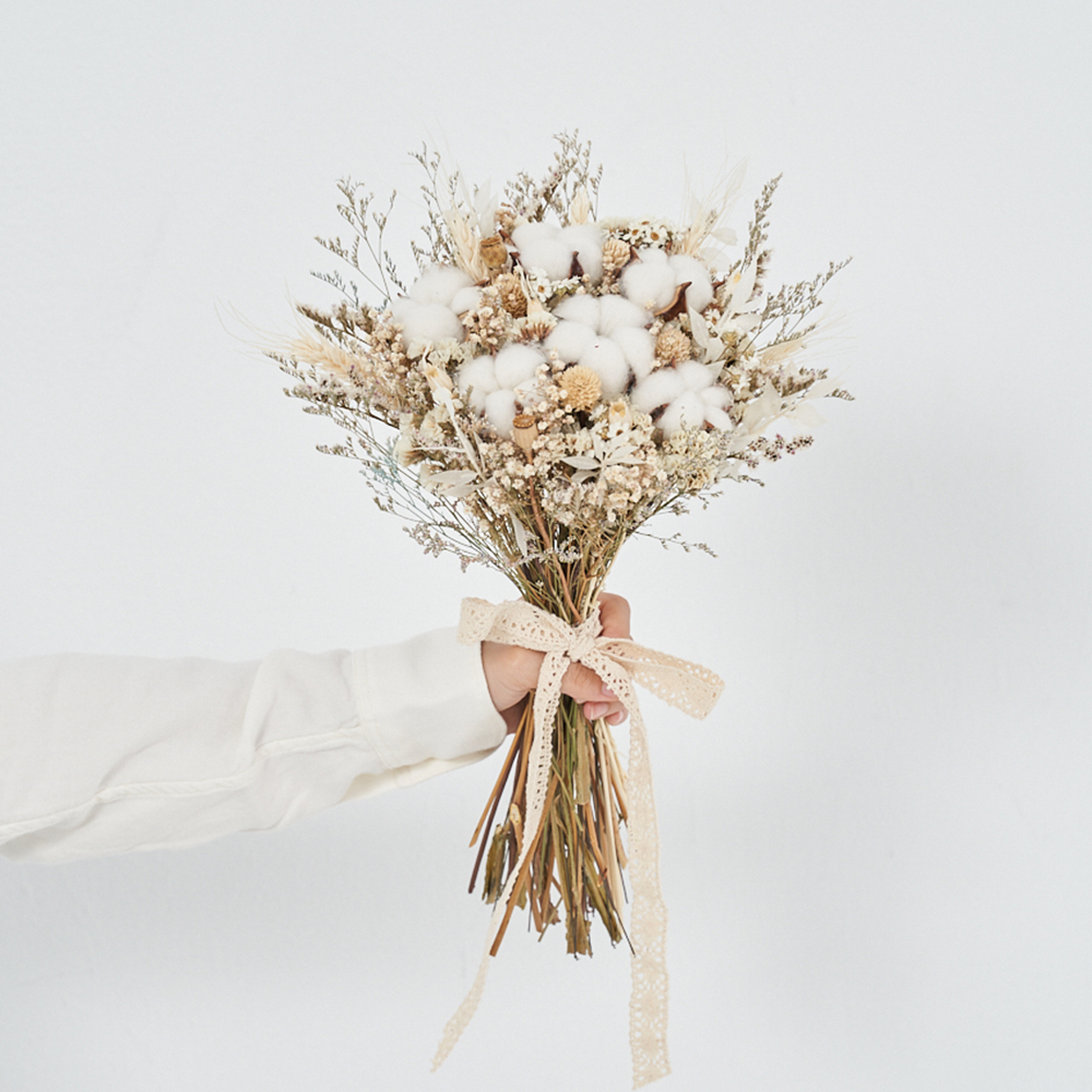 ｜新娘捧花 婚紗捧花 乾燥花 雪白色系 美式風格 棉花限定款｜放射形