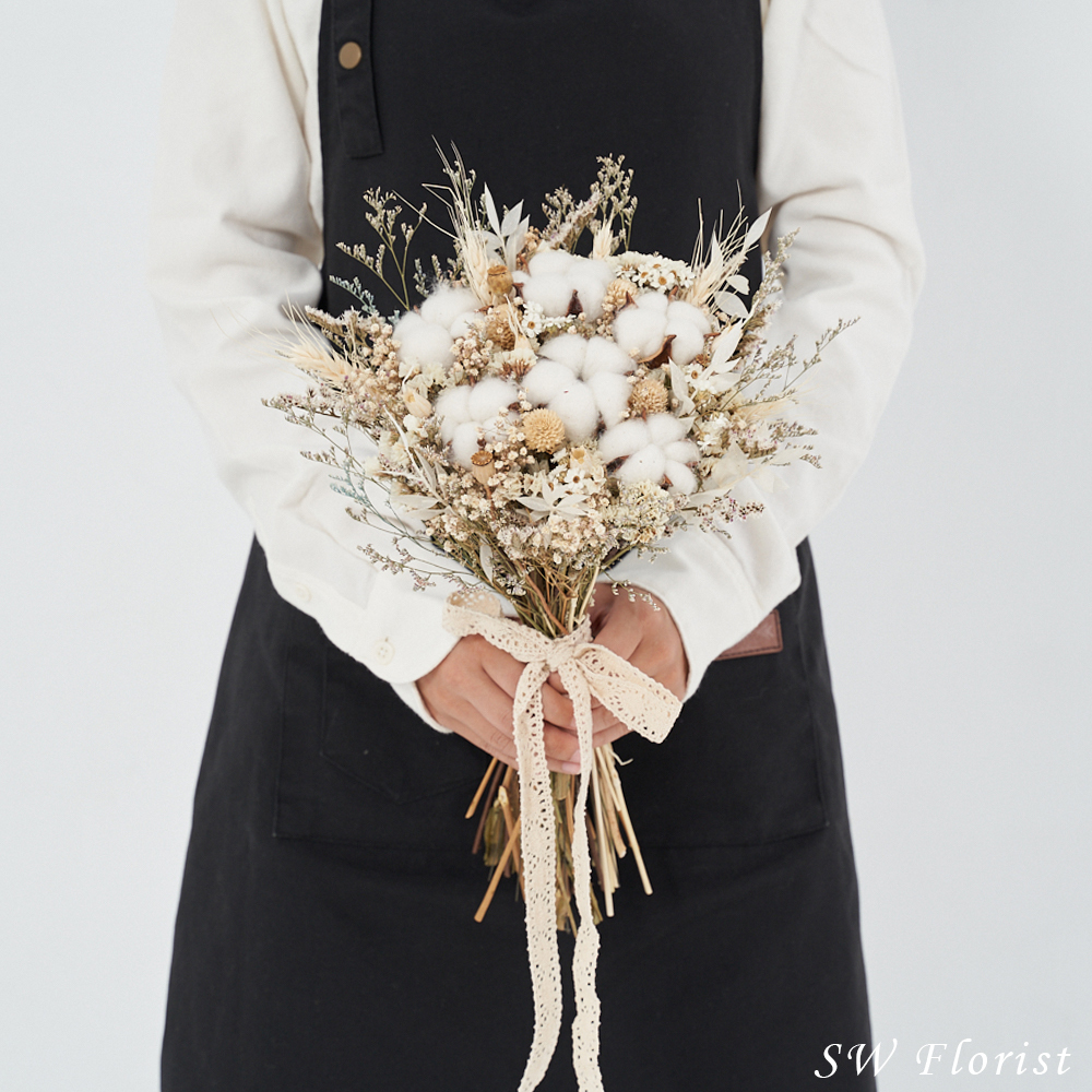 ｜新娘捧花 婚紗捧花 乾燥花 雪白色系 美式風格 棉花限定款｜放射形