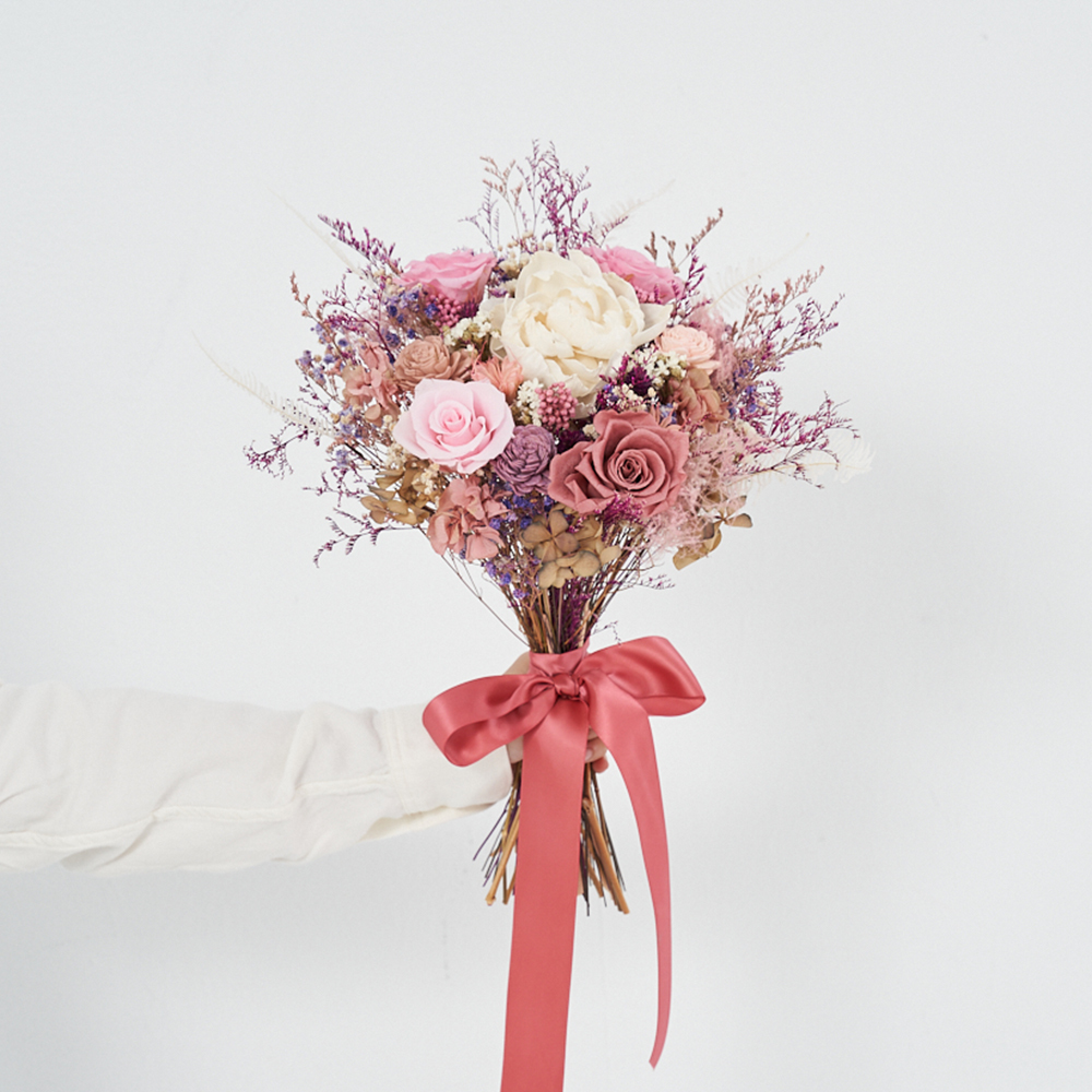｜新娘捧花 婚紗捧花 乾燥花 不凋花 莫蘭迪風 粉紫色系｜圓形放射形