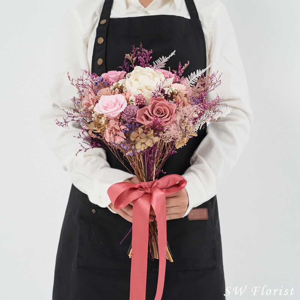 ｜新娘捧花 婚紗捧花 乾燥花 不凋花 莫蘭迪風 粉紫色系｜圓形放射形