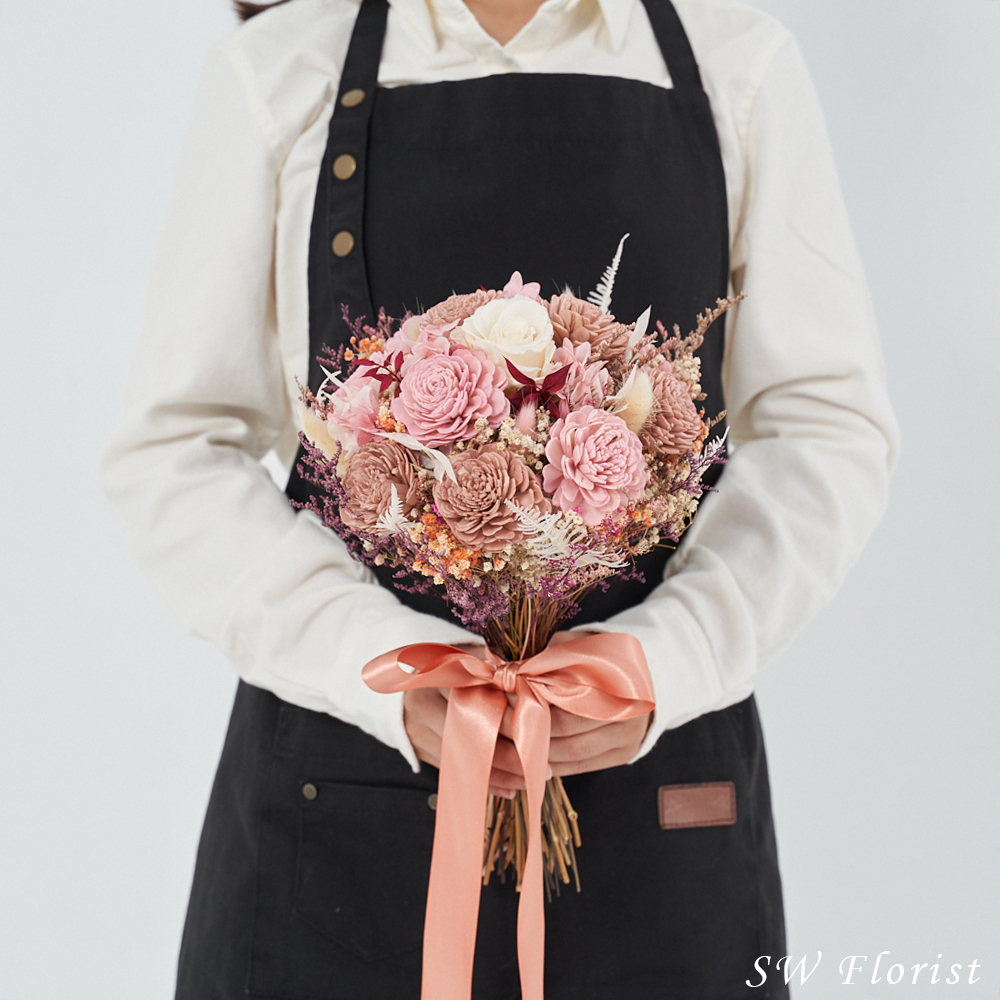 ｜新娘捧花 婚紗捧花 乾燥花 不凋花 莫蘭迪風 裸粉色系｜圓形