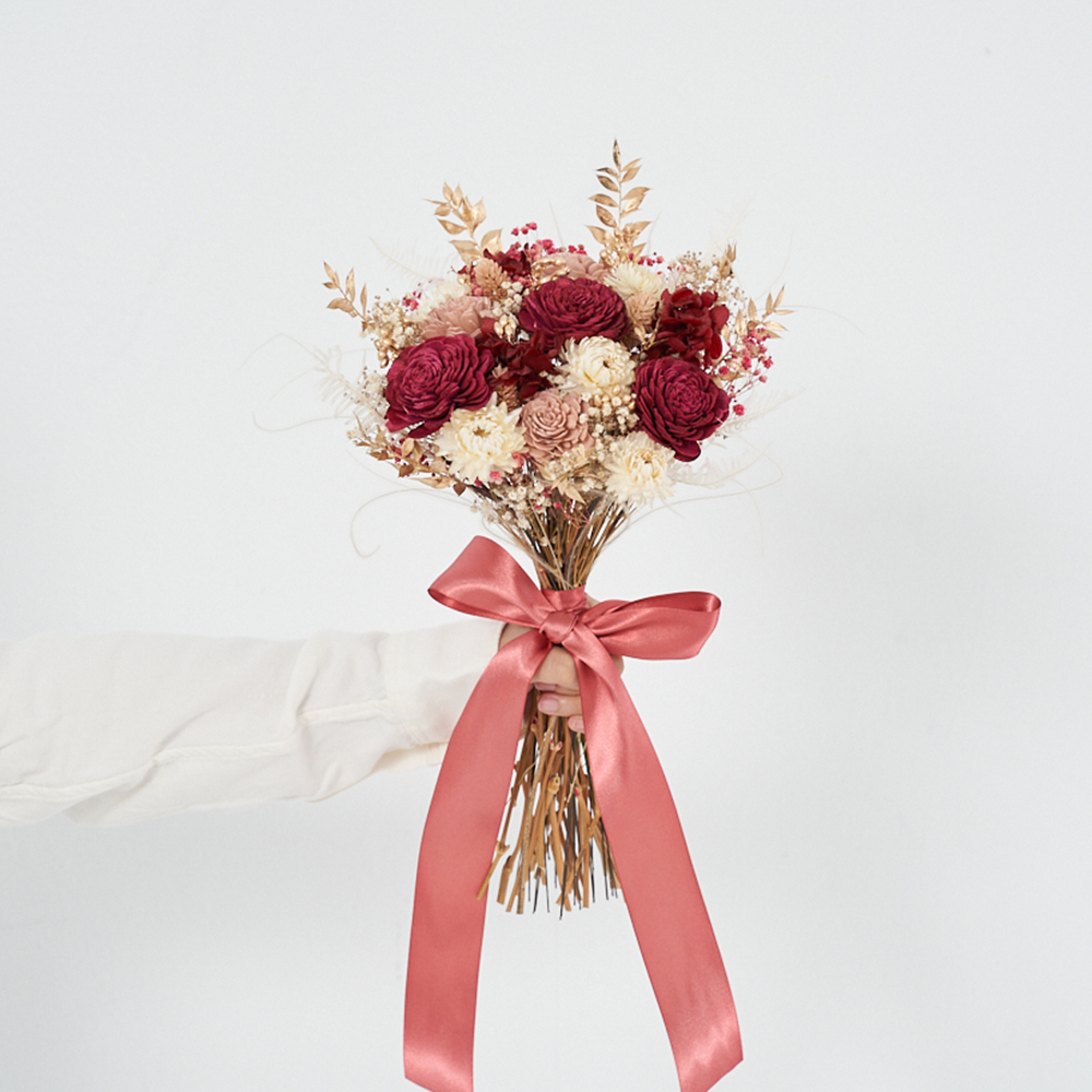 ｜新娘捧花 婚紗捧花 乾燥花 不凋花 酒紅色 藕粉色｜圓形放射形
