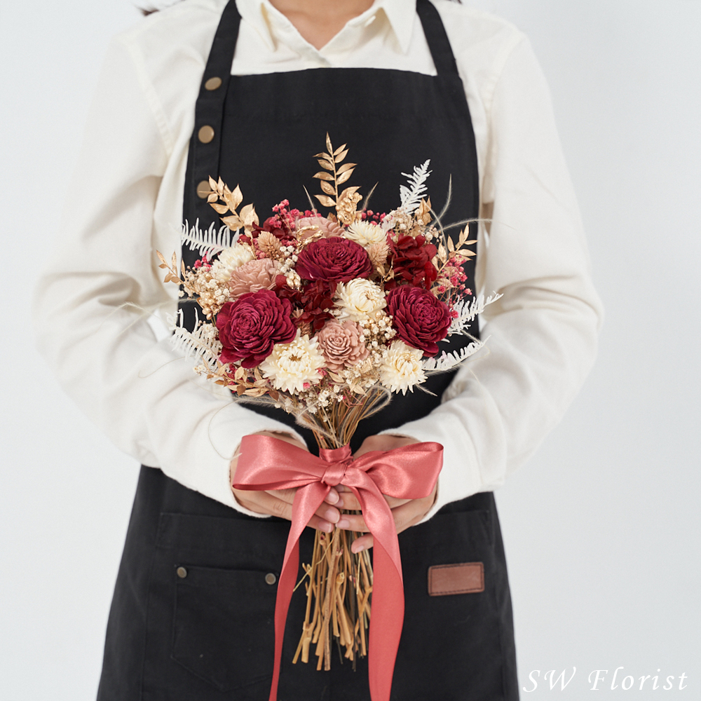 ｜新娘捧花 婚紗捧花 乾燥花 不凋花 酒紅色 藕粉色｜圓形放射形