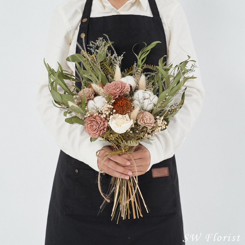 ｜新娘捧花 婚紗捧花 乾燥花 莫蘭迪風 粉藕色系｜放射形