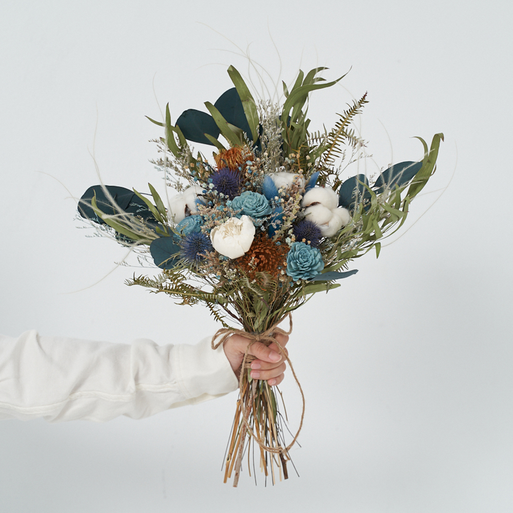 ｜新娘捧花 婚紗捧花 乾燥花 天空藍 湖藍色 歐式田園風｜放射形