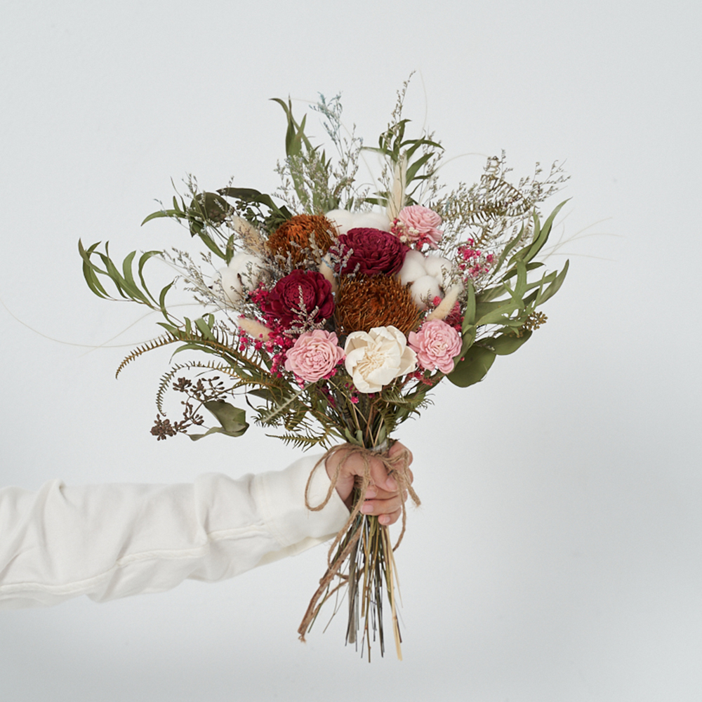 ｜新娘捧花 婚紗捧花 乾燥花 甜蜜粉 酒紅色 歐式田園風｜放射形