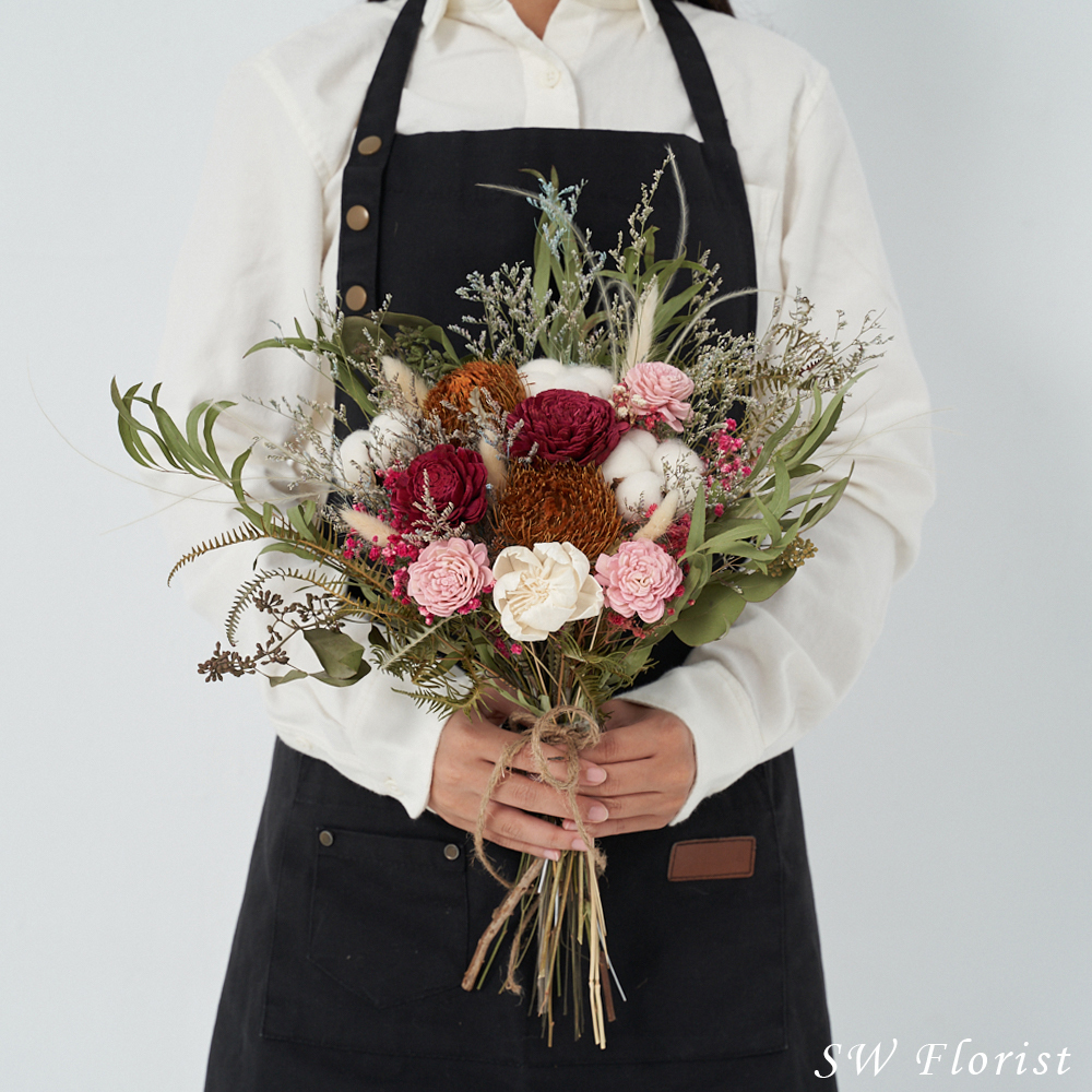 ｜新娘捧花 婚紗捧花 乾燥花 甜蜜粉 酒紅色 歐式田園風｜放射形