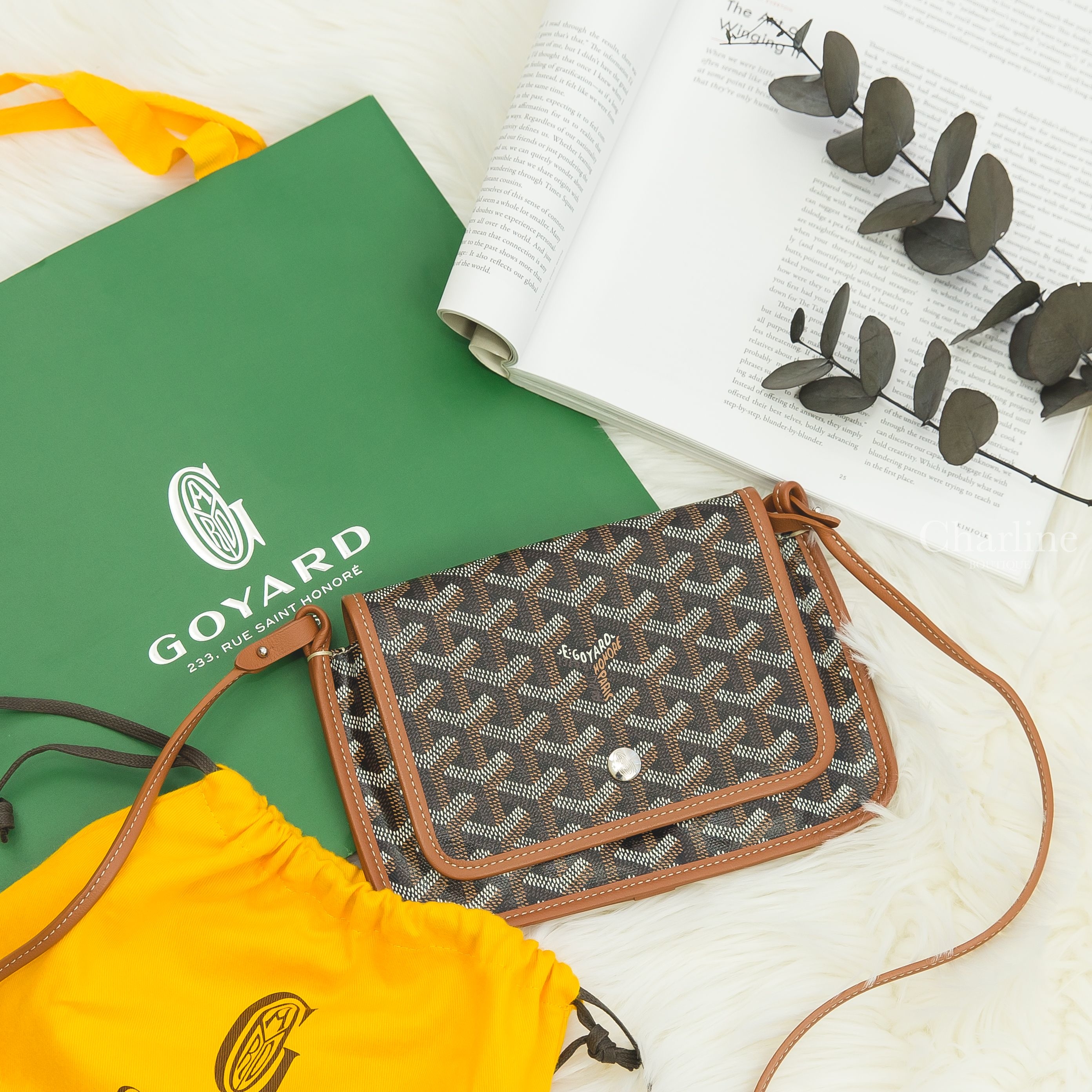 Goyard Portefeuille Pochette Plu 黑色拼咖啡色滾邊肩背包-Charline Boutique 精品代購