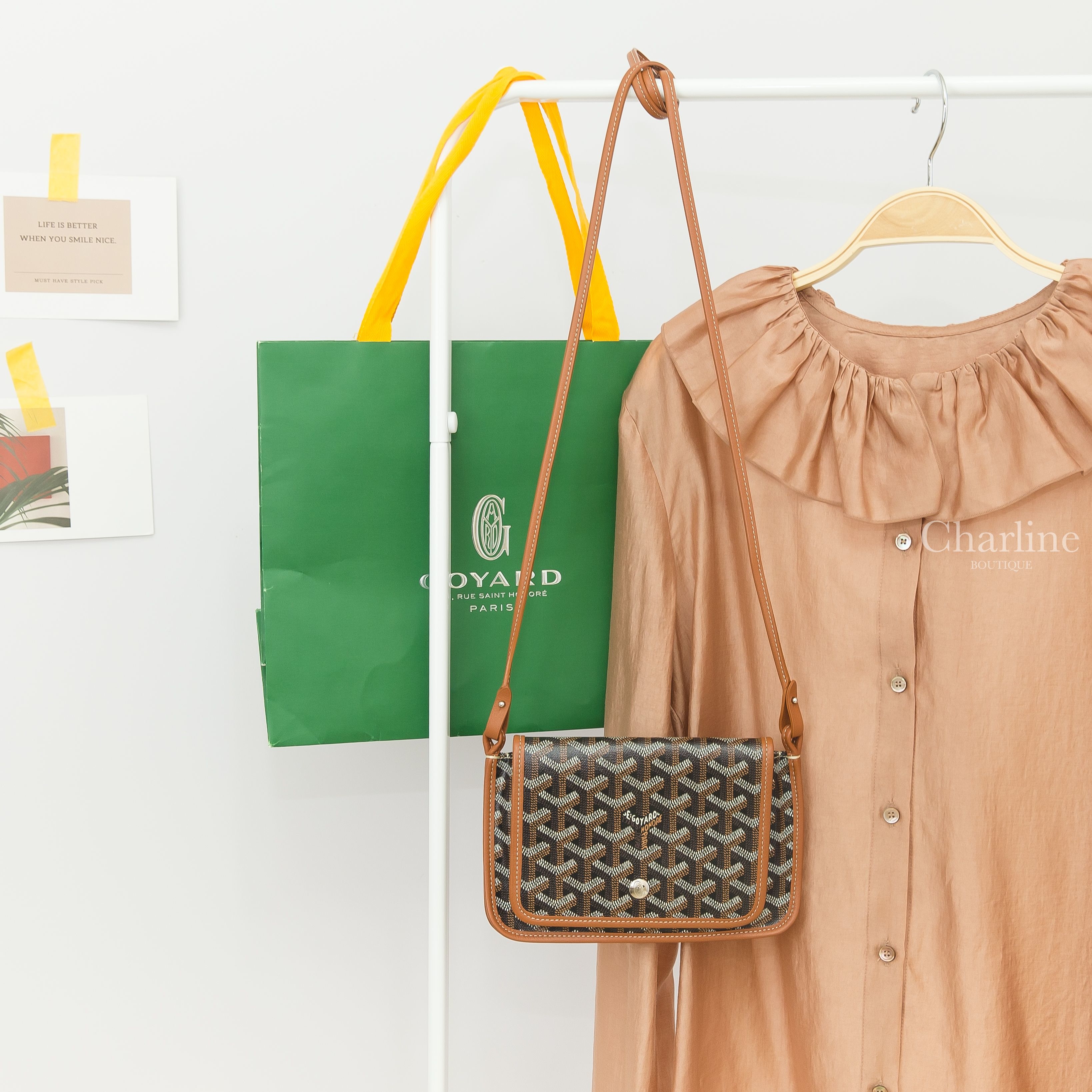Goyard Portefeuille Pochette Plu 黑色拼咖啡色滾邊肩背包-Charline Boutique 精品代購