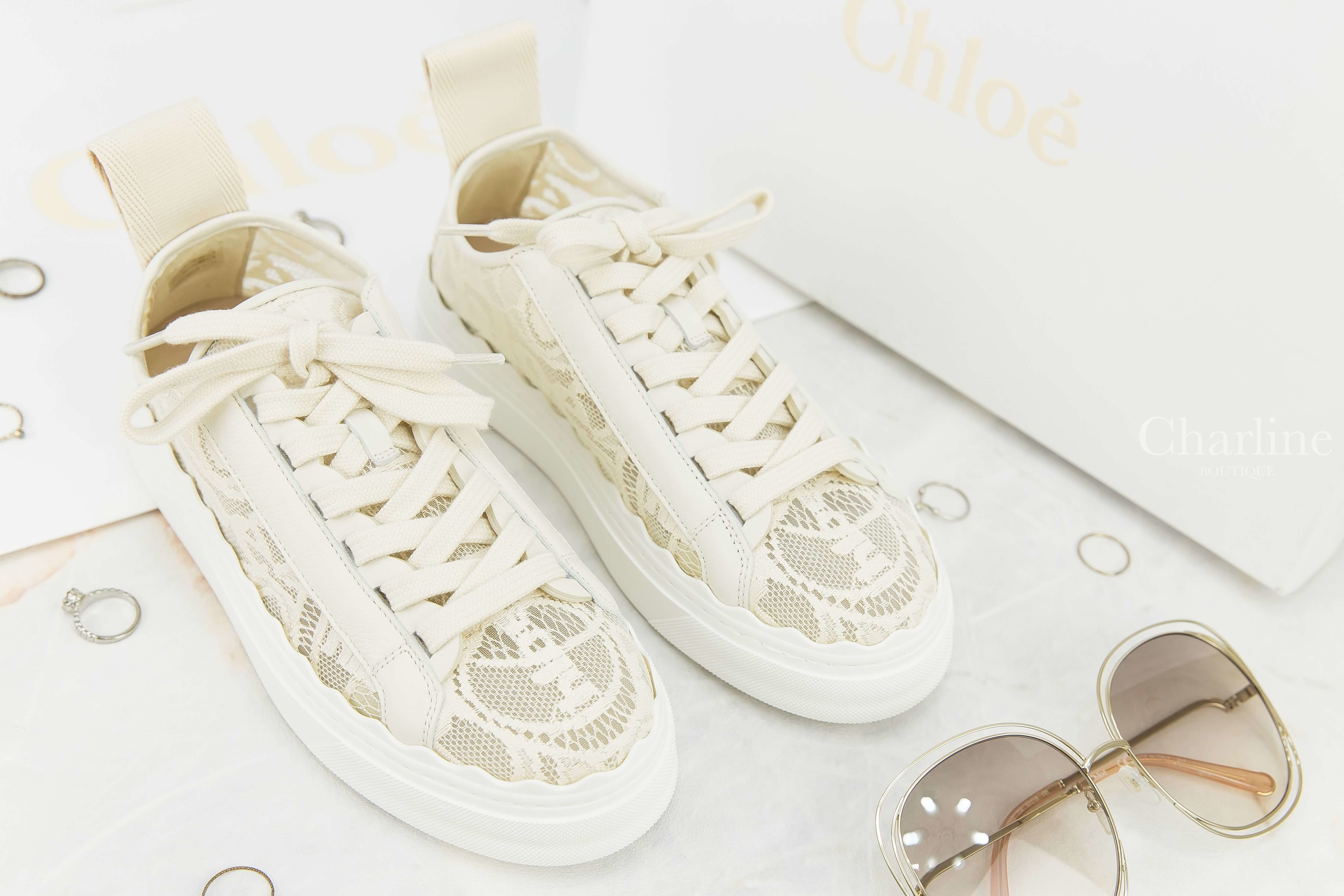 Chloe Lauren Sneaker 米色小牛皮波浪邊飾蕾絲 Logo 運動鞋