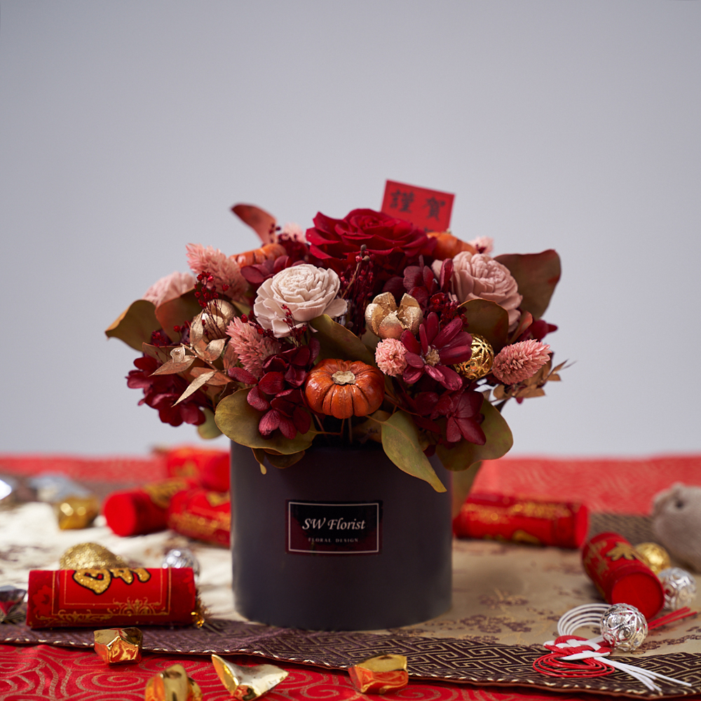 |喜氣紅-迎春納福-乾燥花盆栽-永生花-過年伴手禮-過年盆栽|