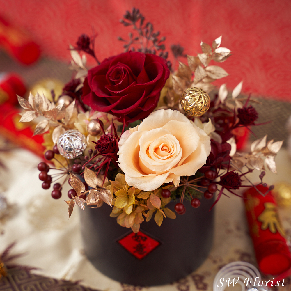 |酒紅香檳-吉祥如意-乾燥花盆栽-永生花-年節送禮-過年盆栽|