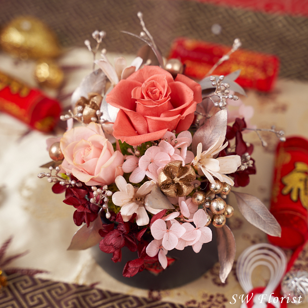 |橘粉淡粉-招財進寶-乾燥花盆栽-永生花-拜年賀禮-過年盆栽|