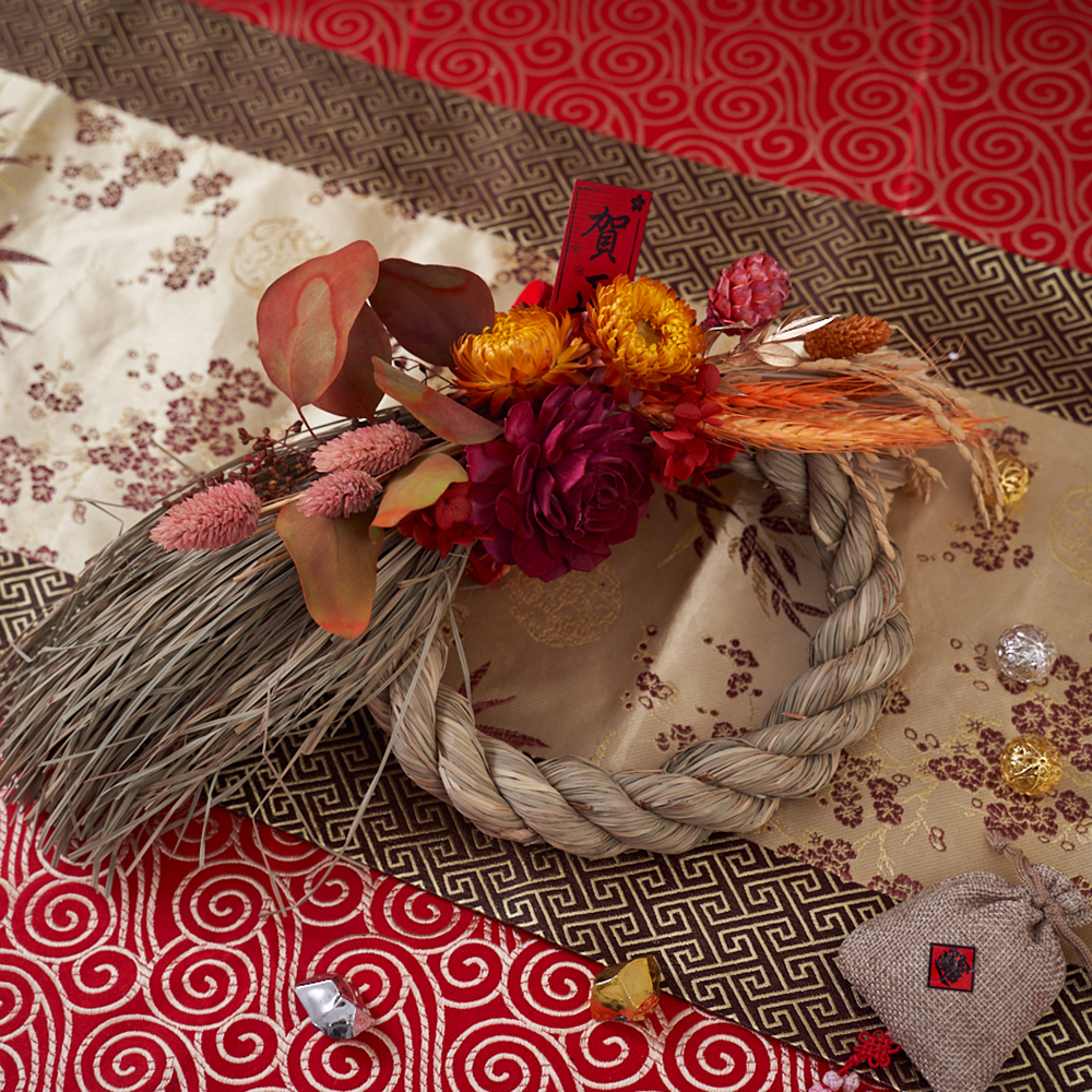 |橘紅色日式注連繩-富貴有餘-春節花藝-過年送禮-乾燥花裝飾|