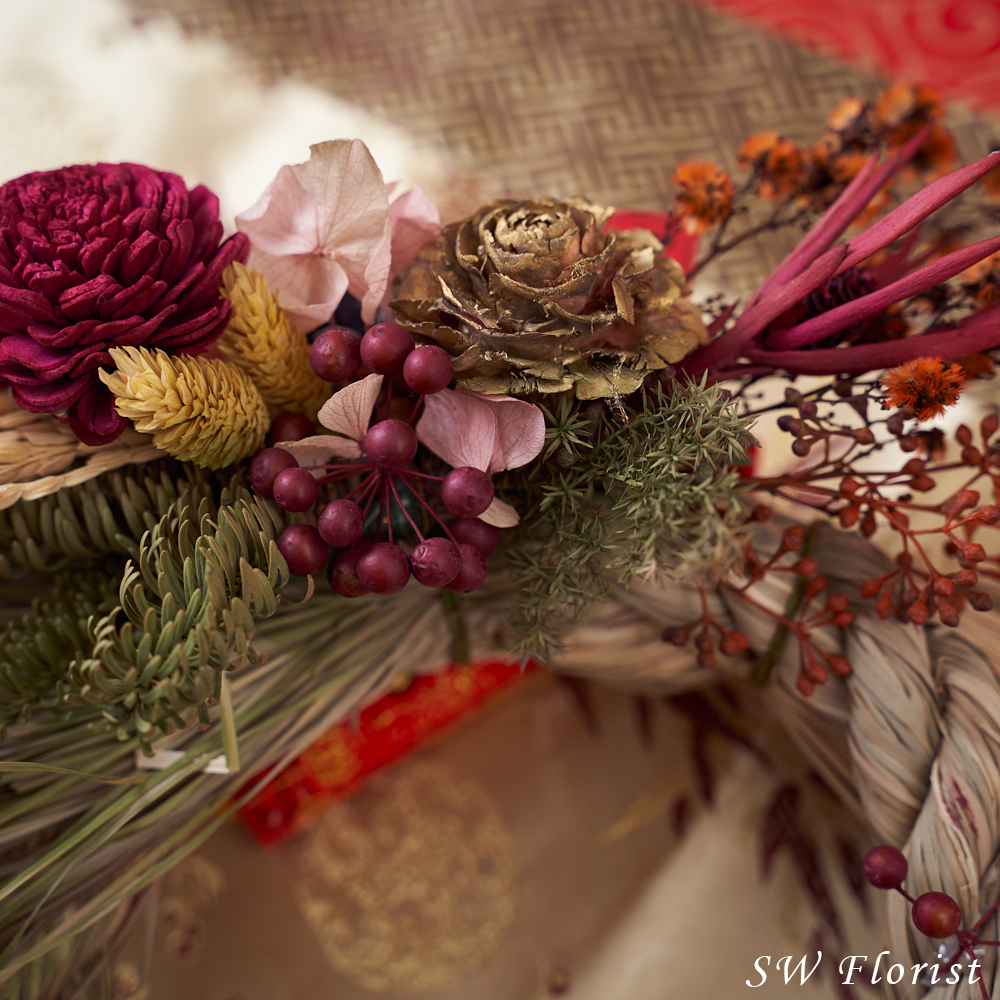 |棕黃色-日式注連繩-花開富貴-春節花藝-過年送禮-乾燥花裝飾|