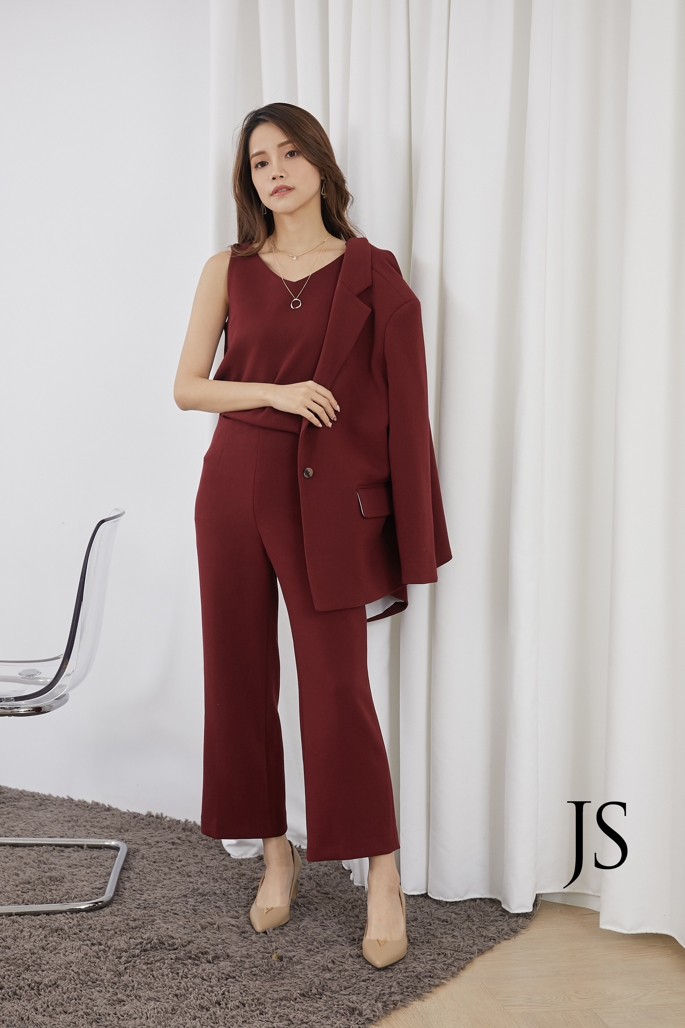 背心+褲子+西裝外套SET(酒紅)