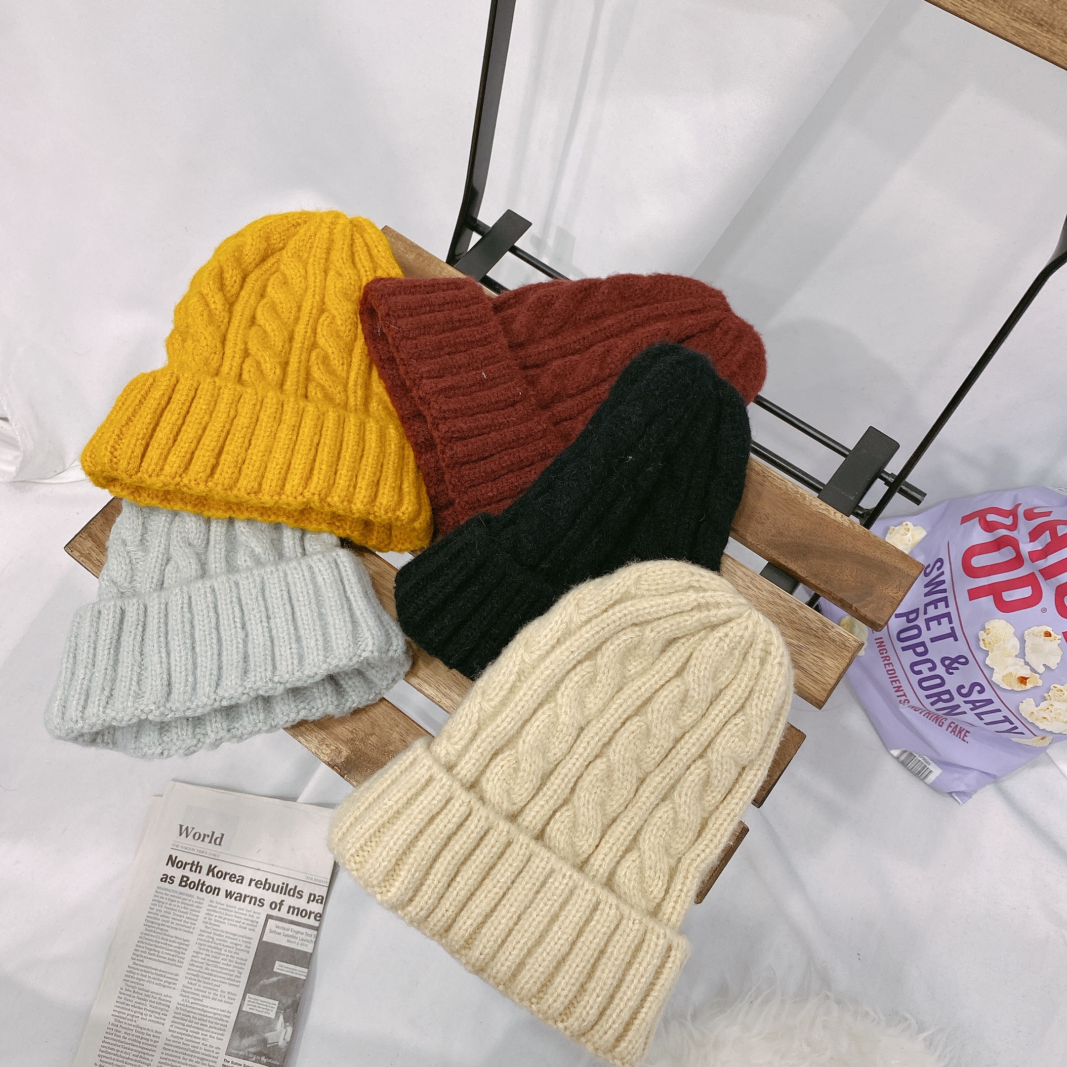 韓國麻花反折毛帽/5色