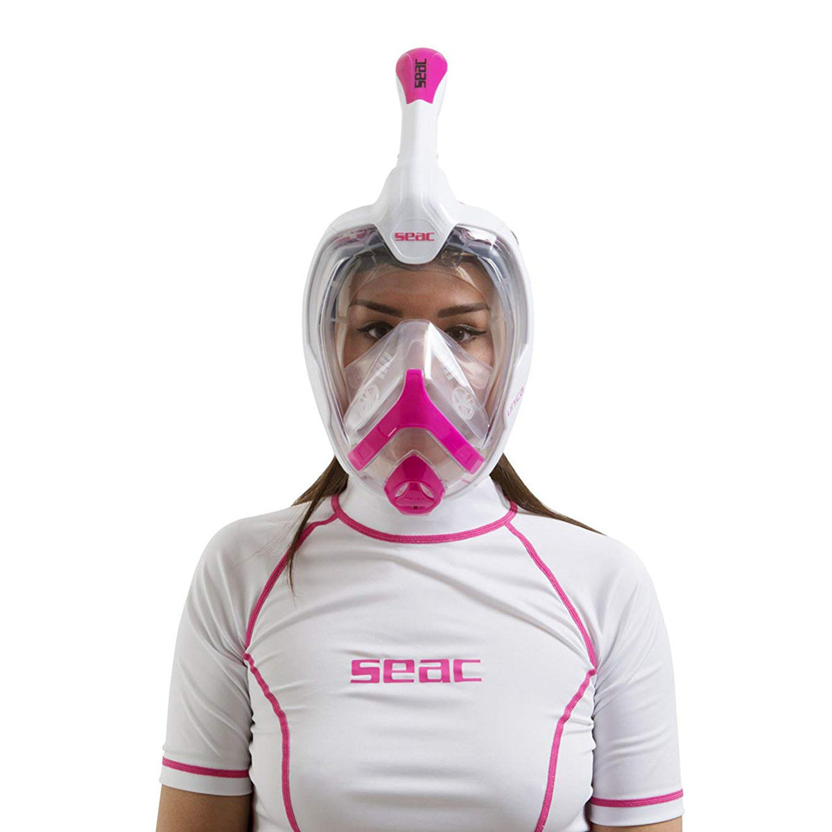 Unica MD 細面形或青少年全面罩式浮潛面鏡連呼吸管 - 白/粉紅