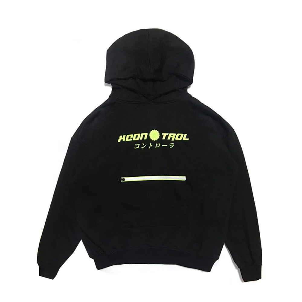 XCTRL 螢光反光條橫拉鍊帽T-黑