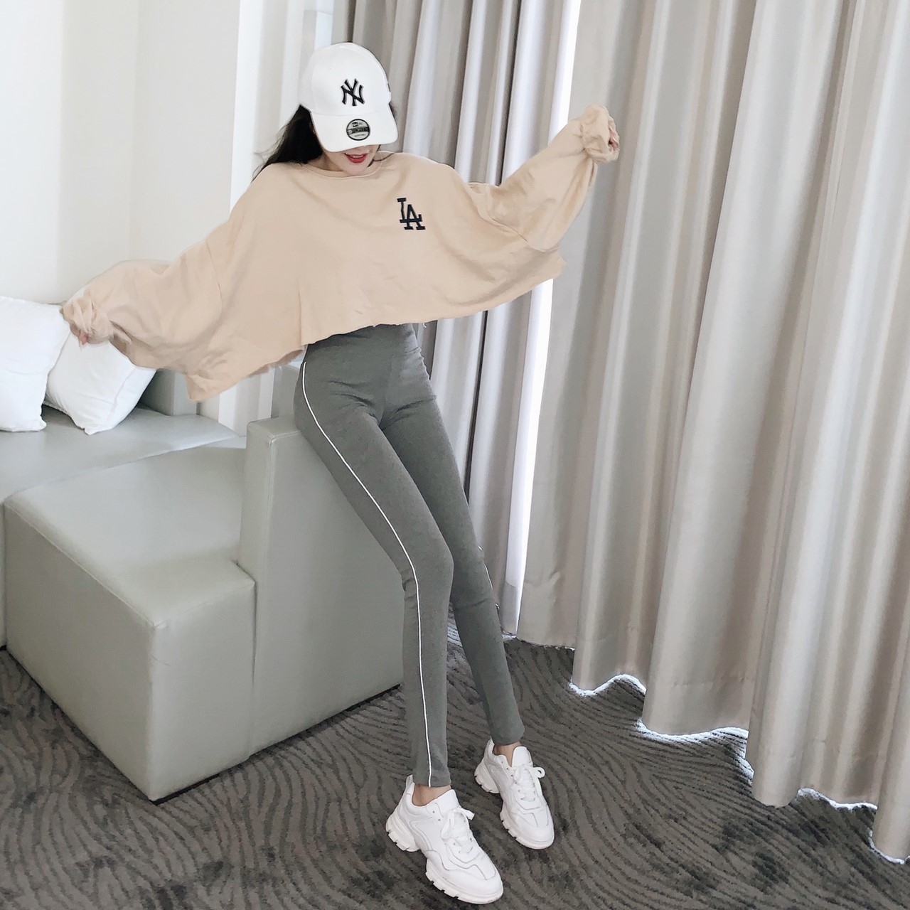 立体白条高腰内搭裤