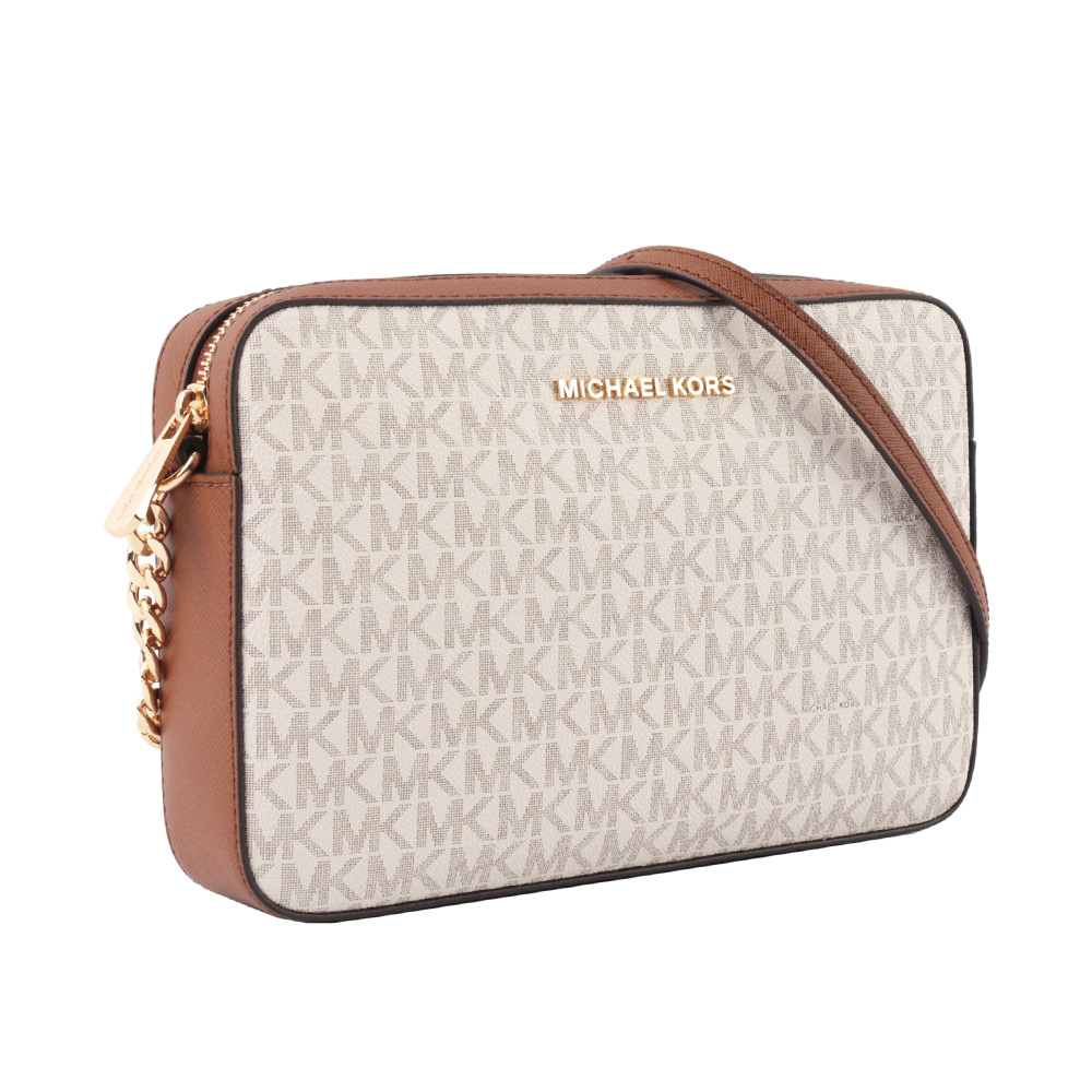 【MICHAEL KORS】金字滿版LOGO拚色方形鏈帶斜背包(香草色/淺駝) 35F8GTTC3B VANILLA