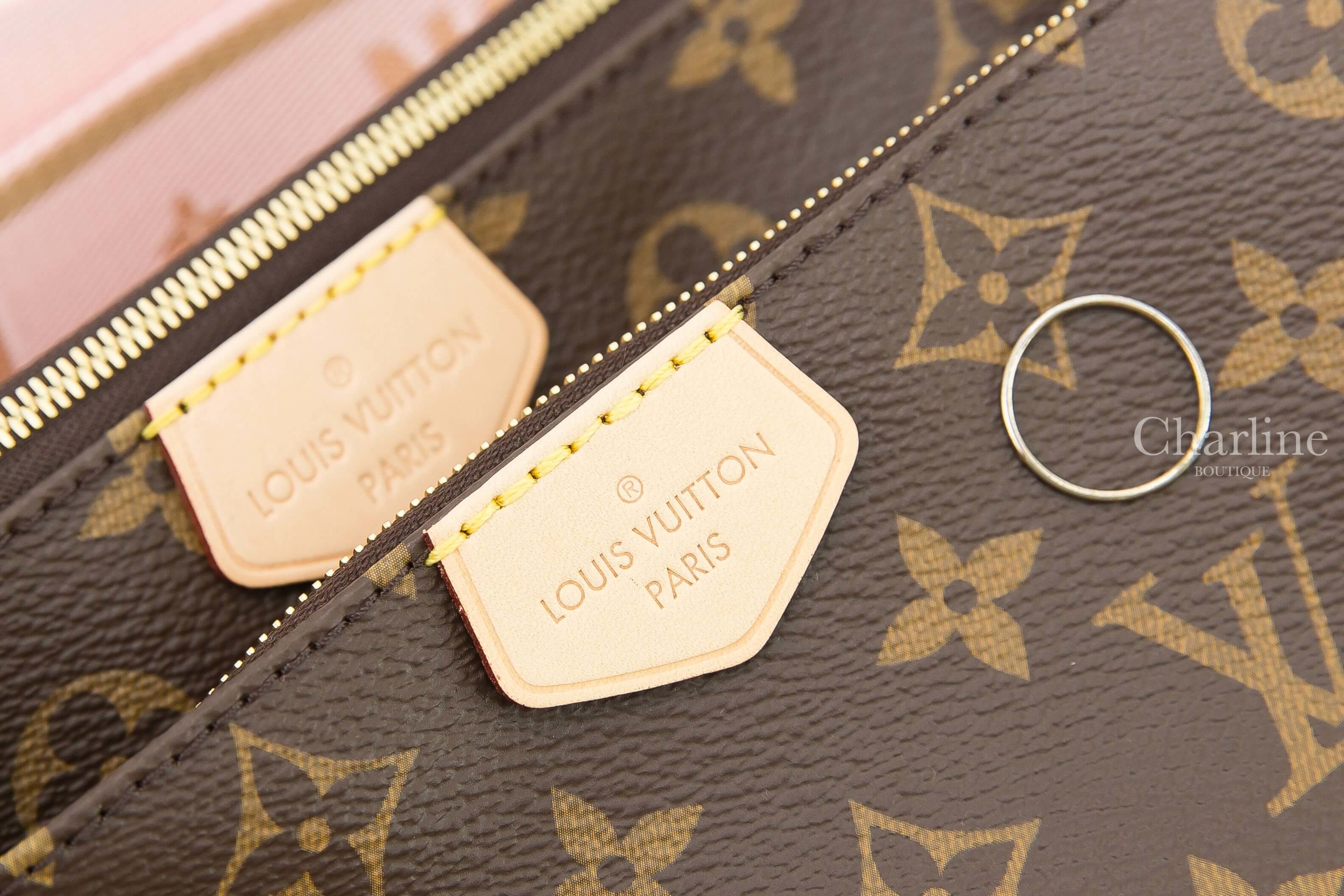 Louis Vuitton Multi Pochette Accessoires 咖啡色老花金鍊淺粉色Logo背帶三合一手袋鍊帶包