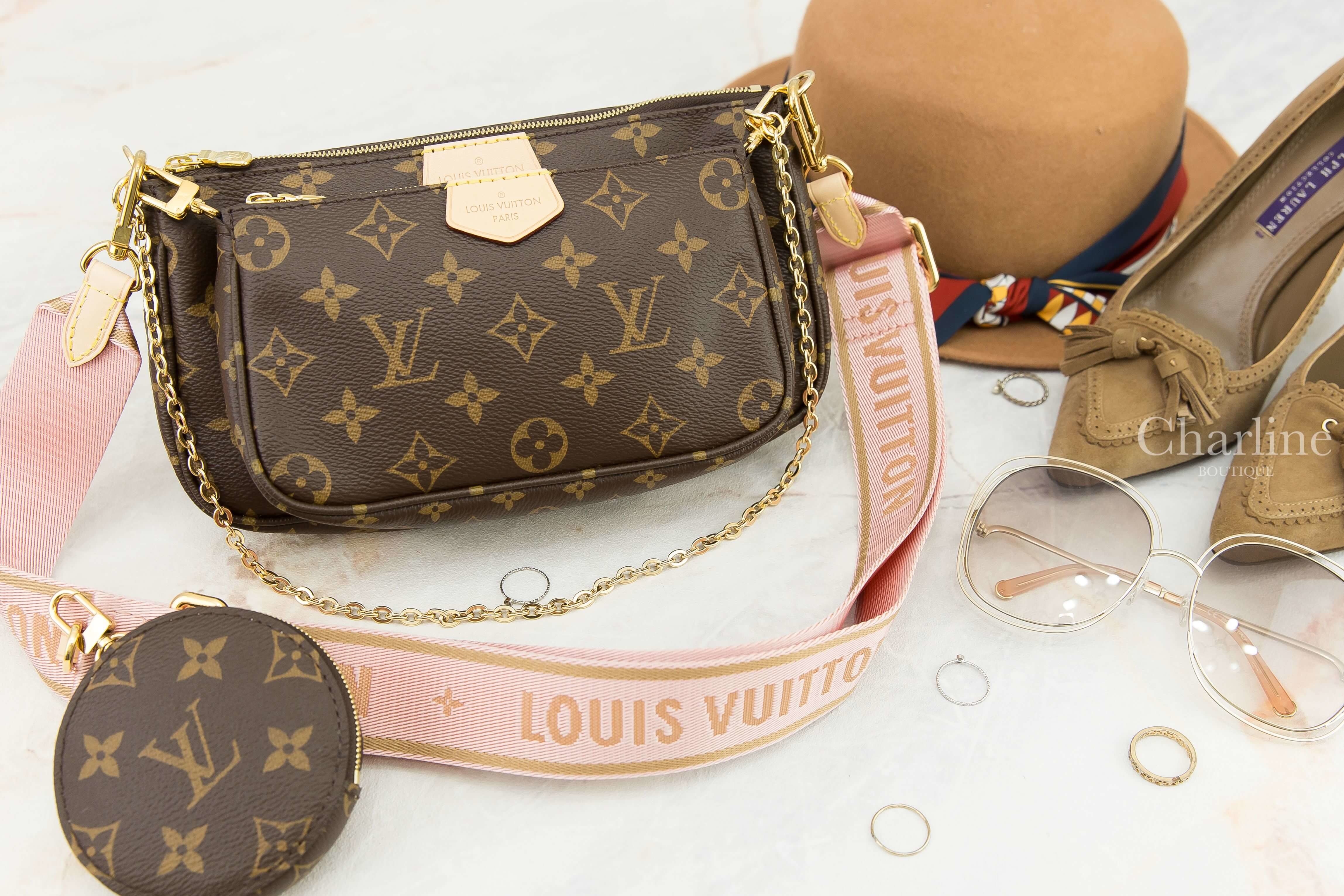 Louis Vuitton Multi Pochette Accessoires 咖啡色老花金鍊淺粉色Logo背帶三合一手袋鍊帶包