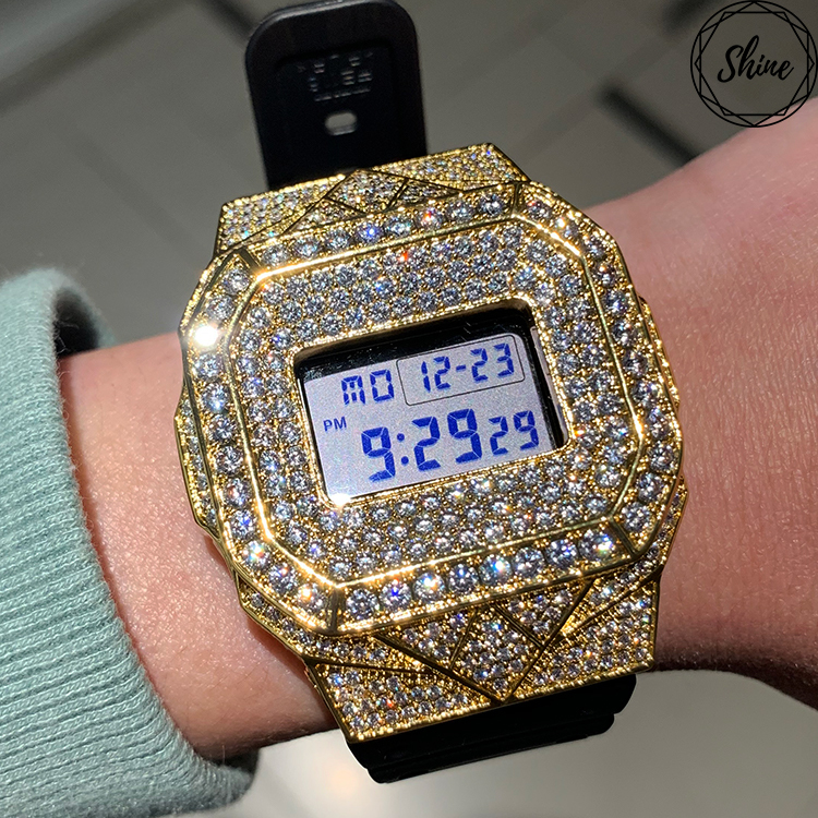 客製 DW-5600E-1 金色方塊鑲石金屬錶殼全套