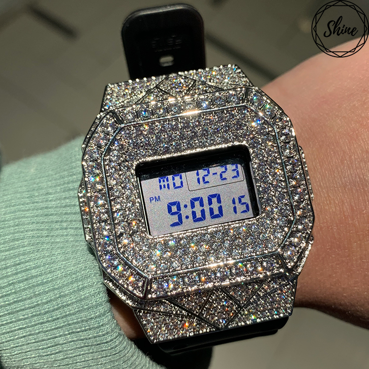 客製 DW-5600E-1 銀色方塊鑲石金屬錶殼全套