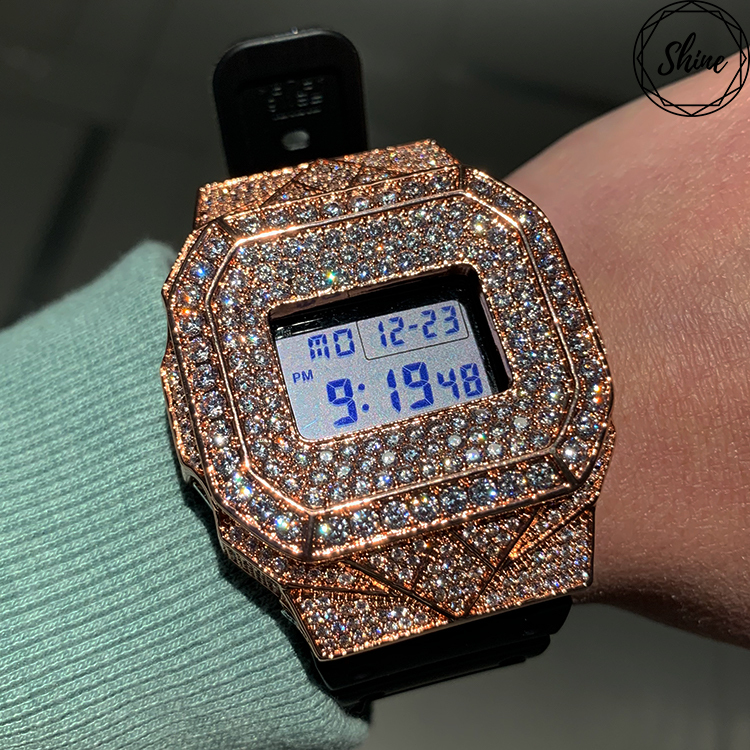客製 DW-5600E-1 玫瑰金色方塊鑲石金屬錶殼全套