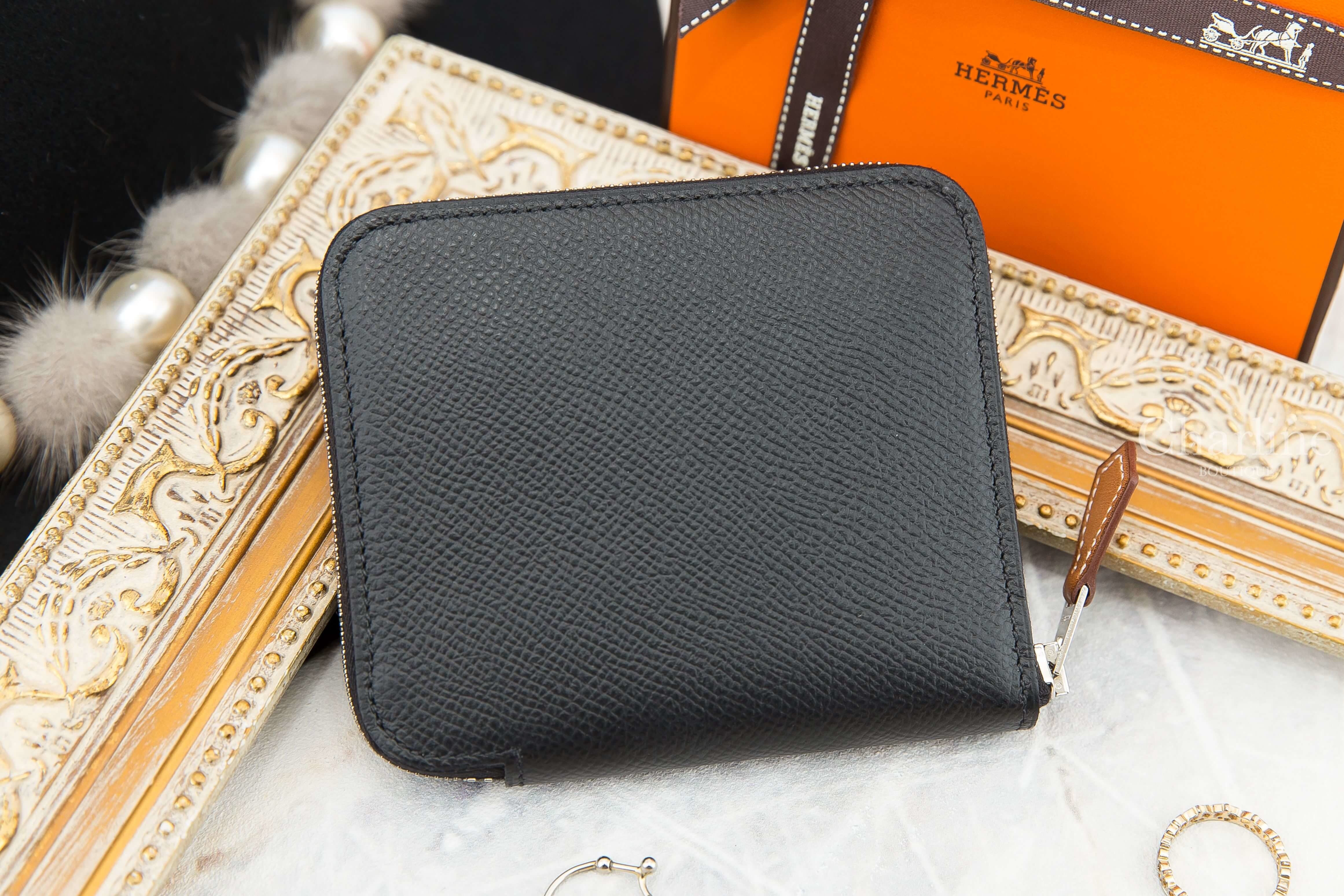 Hermès Silk' In Compact Wallet 89 Noir Epsom 黑色絲巾拉鍊短夾