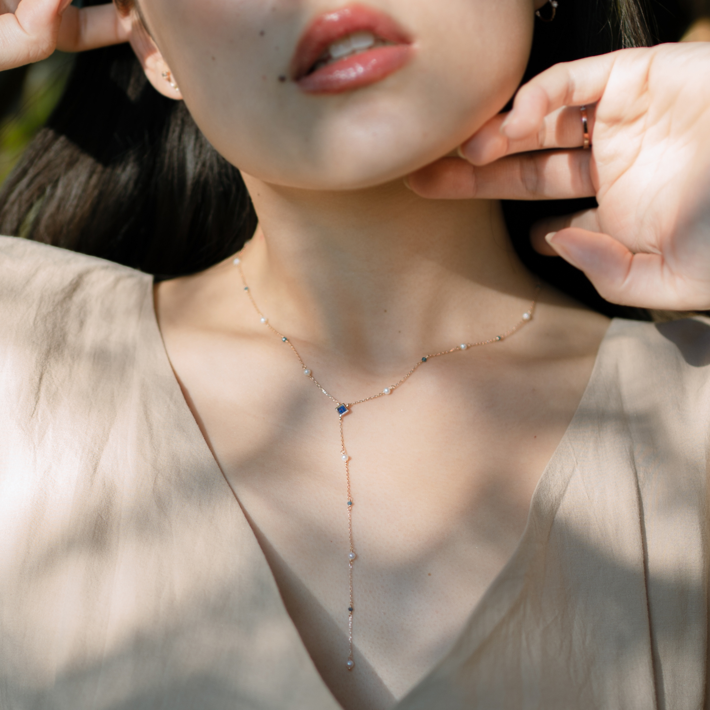 14k玫瑰金 菱形藍寶珍珠藍鑽奶溝鍊