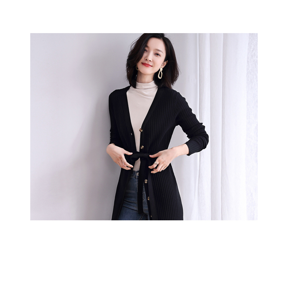 DEER.W 單排釦綁帶針織外套洋裝 黑色