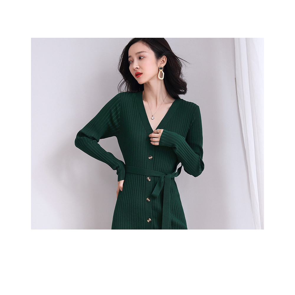 DEER.W 單排釦綁帶針織外套洋裝 墨綠
