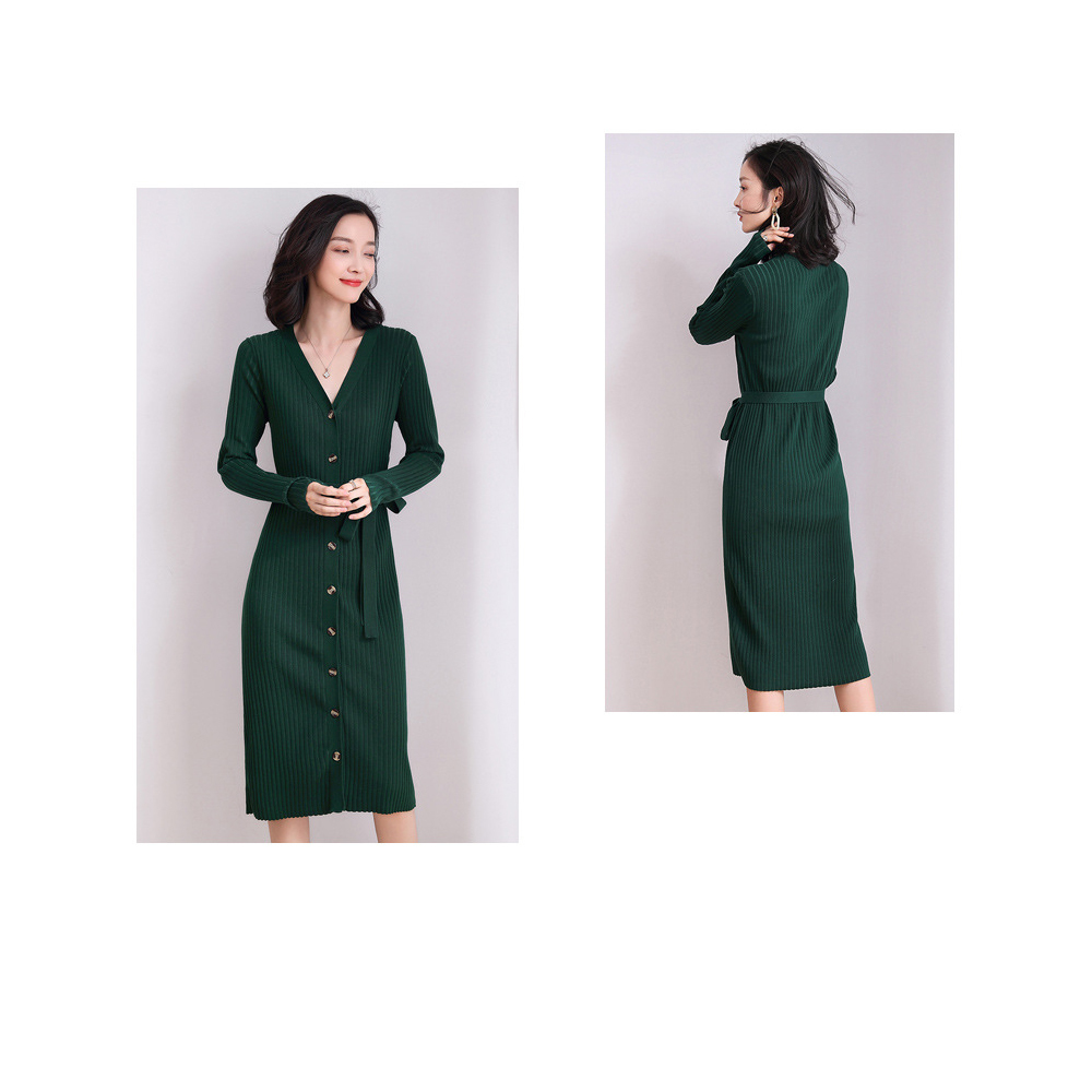 DEER.W 單排釦綁帶針織外套洋裝 墨綠