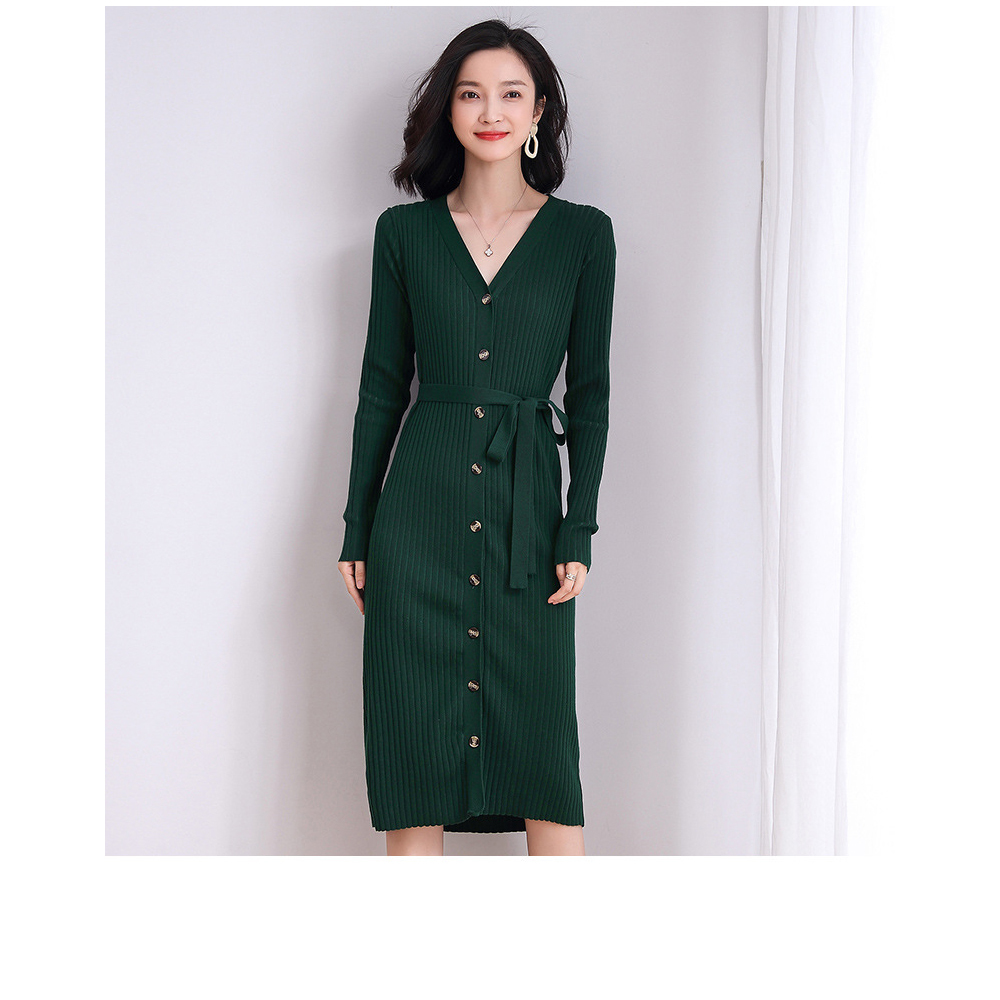 DEER.W 單排釦綁帶針織外套洋裝 墨綠