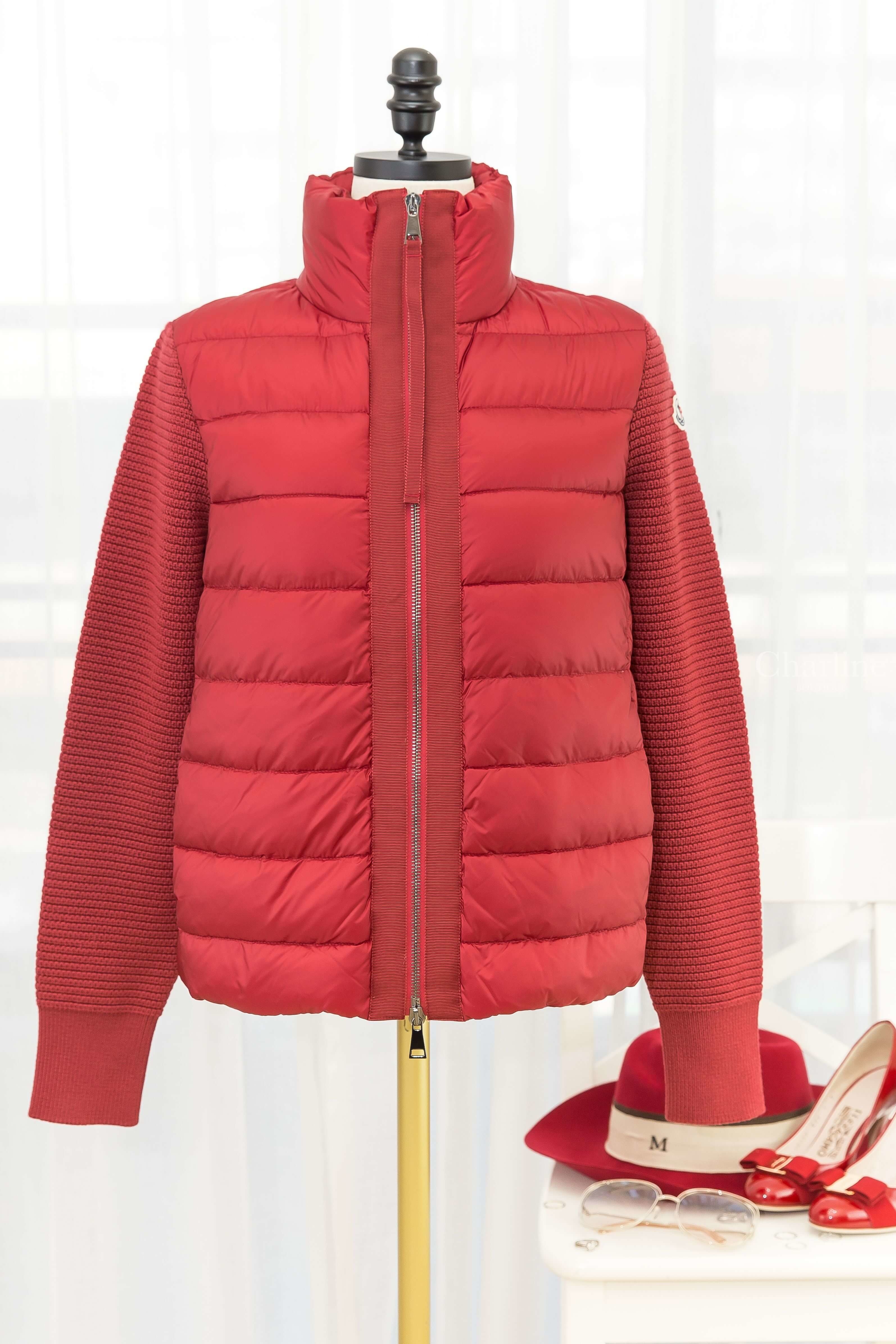 Moncler Cardigan 深紅色拼接針織小立領輕羽絨外套