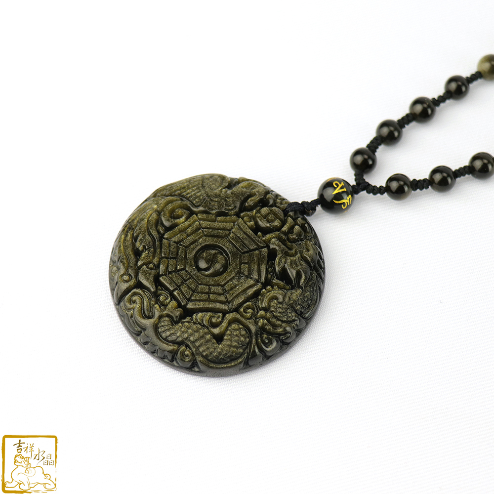 金沙黑曜石龍鳳八卦項鍊 5cm 擋煞防小人