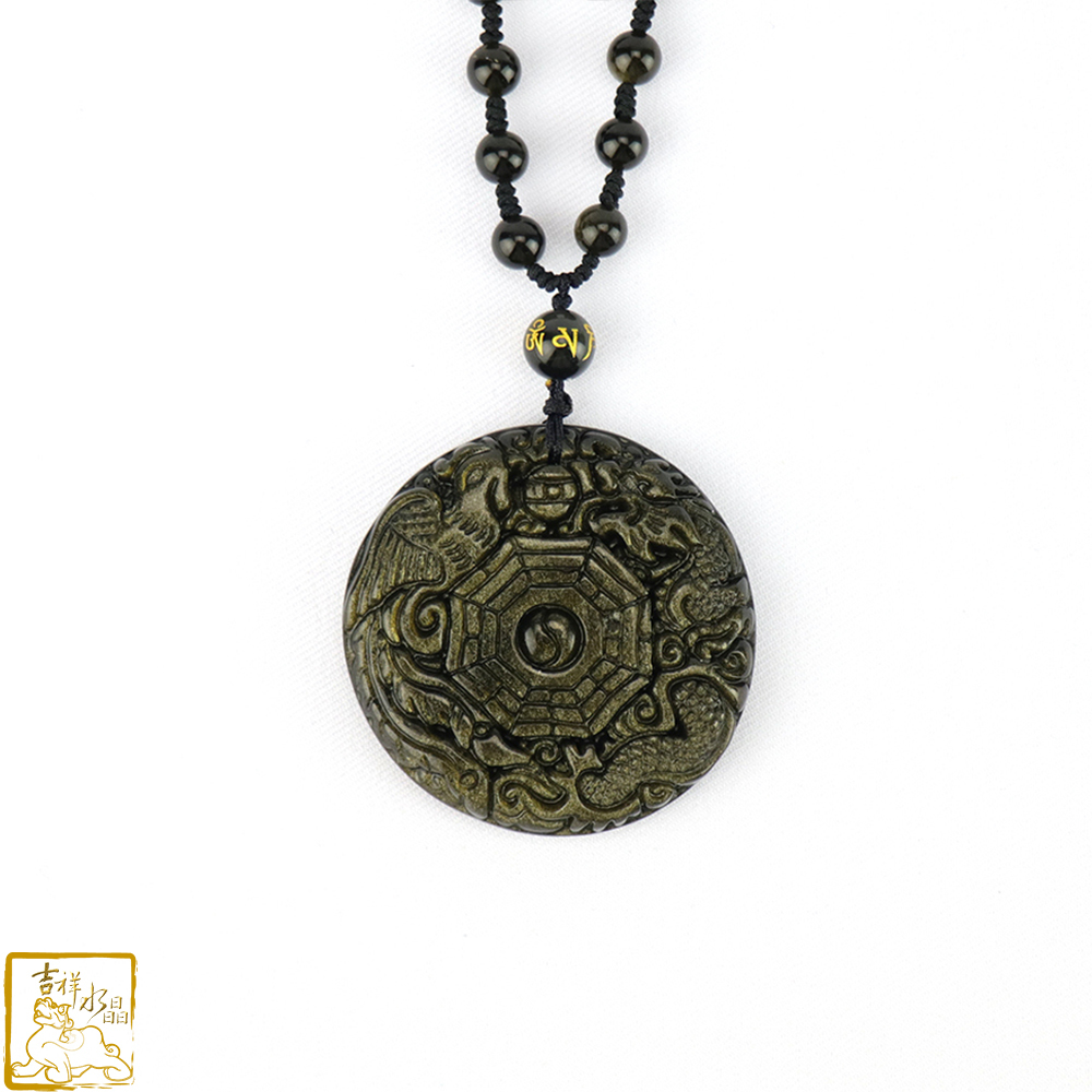 金沙黑曜石龍鳳八卦項鍊 5cm 擋煞防小人