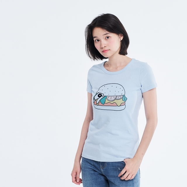 狗啃大漢堡 短袖 蜜桃棉 女T 水藍色